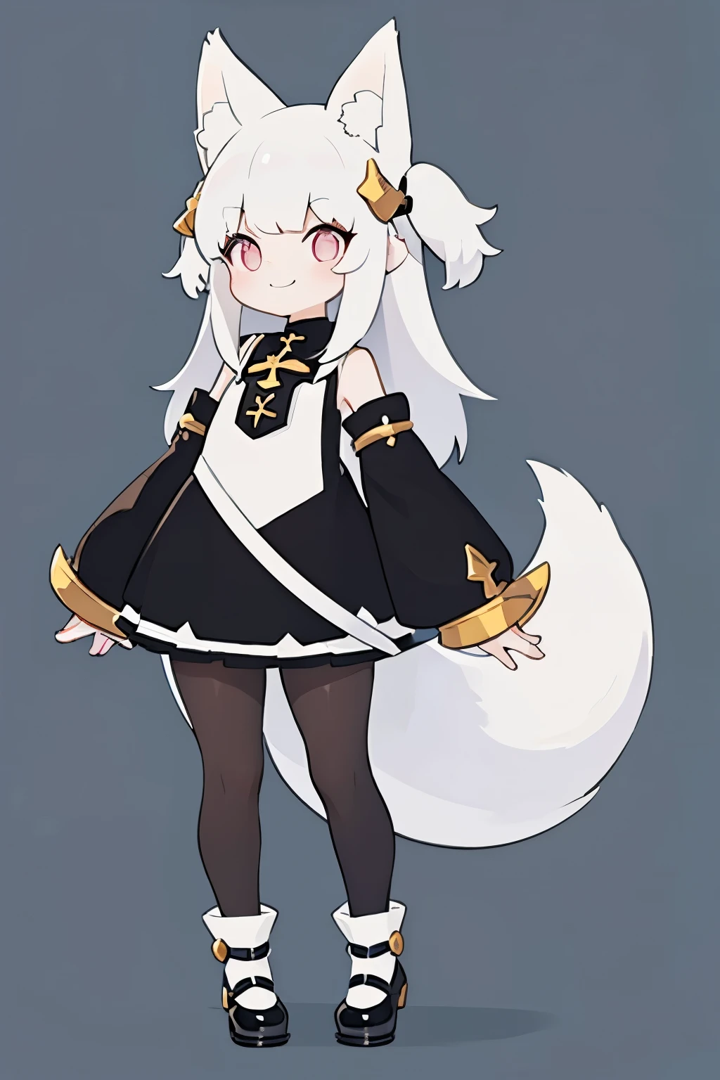 A girl with impressive white hair、Fox ears and tail、Hair Ornament、Black pantyhose、No sleeve、smile、cute shoes with accessories