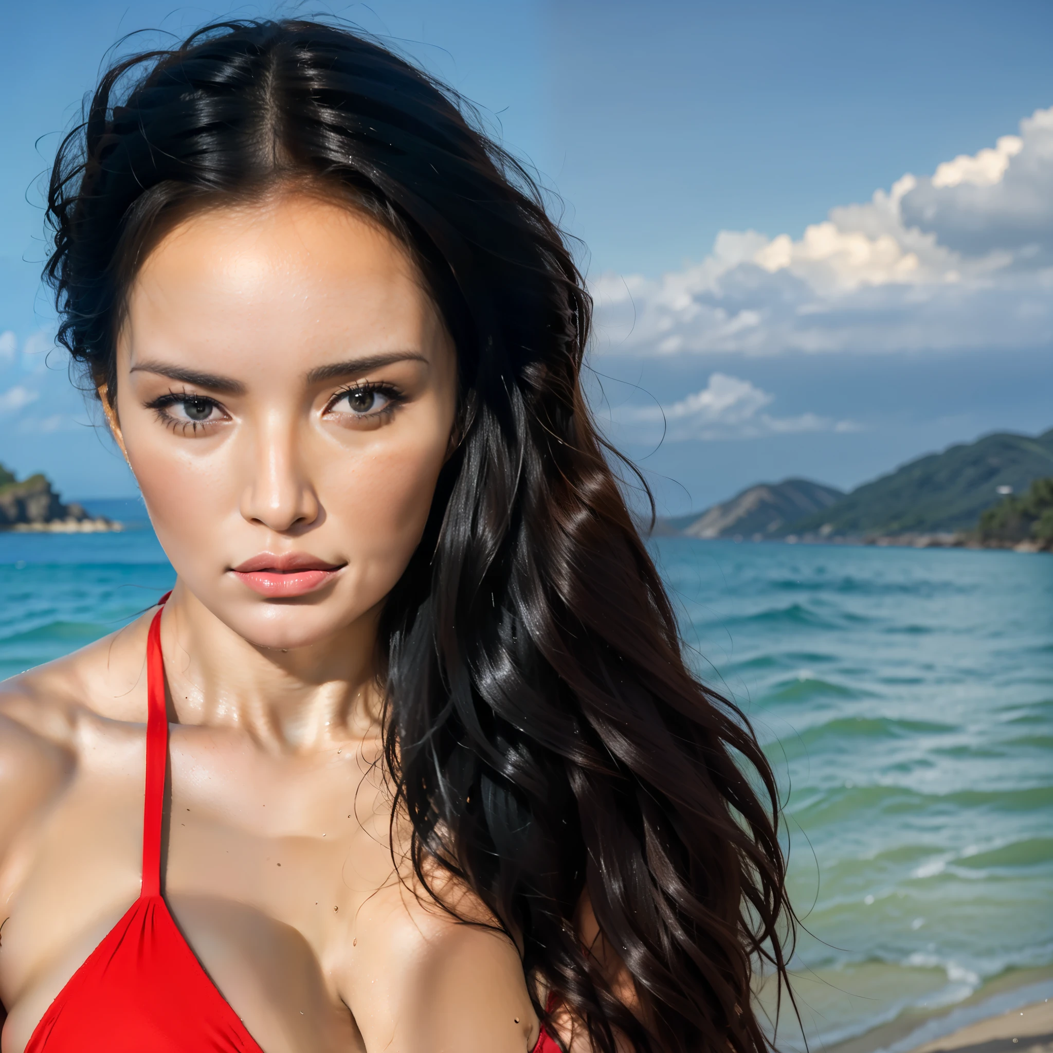 Araffed woman in red bikini posing for photo on the beach, gorgeous beautiful woman, gorgeous woman, Gorgeous Latin face, the most beautiful woman on earth, gorgeous attractive face, Face like Gal Gadot, swimsuit model, stunning beauty, gorgeous lady, Stunning face, Incredibly beautiful face, photo of a beautiful woman, posing on the beach by the ocean