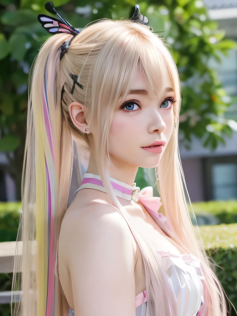 (超Realistic butterfly girl with long pale hair and pink rainbow), Belle Delphine, kawaii realistic portrait, pale hair dead straw, hyperrealistic ultrAREAL Ultra-kawaii бунny girl, Portret Kim Petras, anime barbie, inspiration Yanjun Cheng, The most realistic, with long pale hair, Betty Cooper, roses