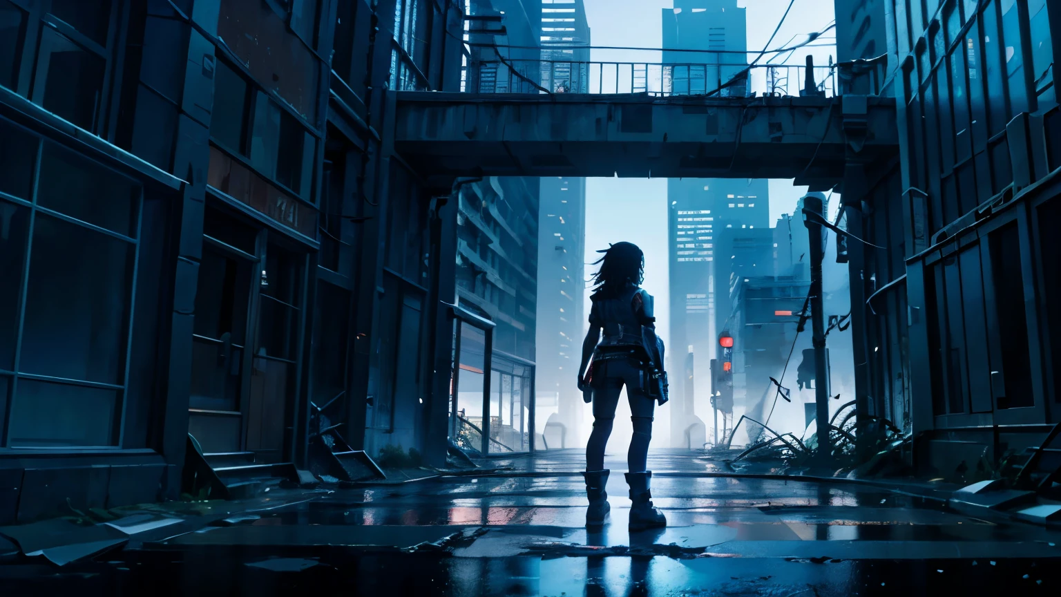 "A lone woman stands in the ruins of a city, a cyberpunk warrior with a pistol in her hand."