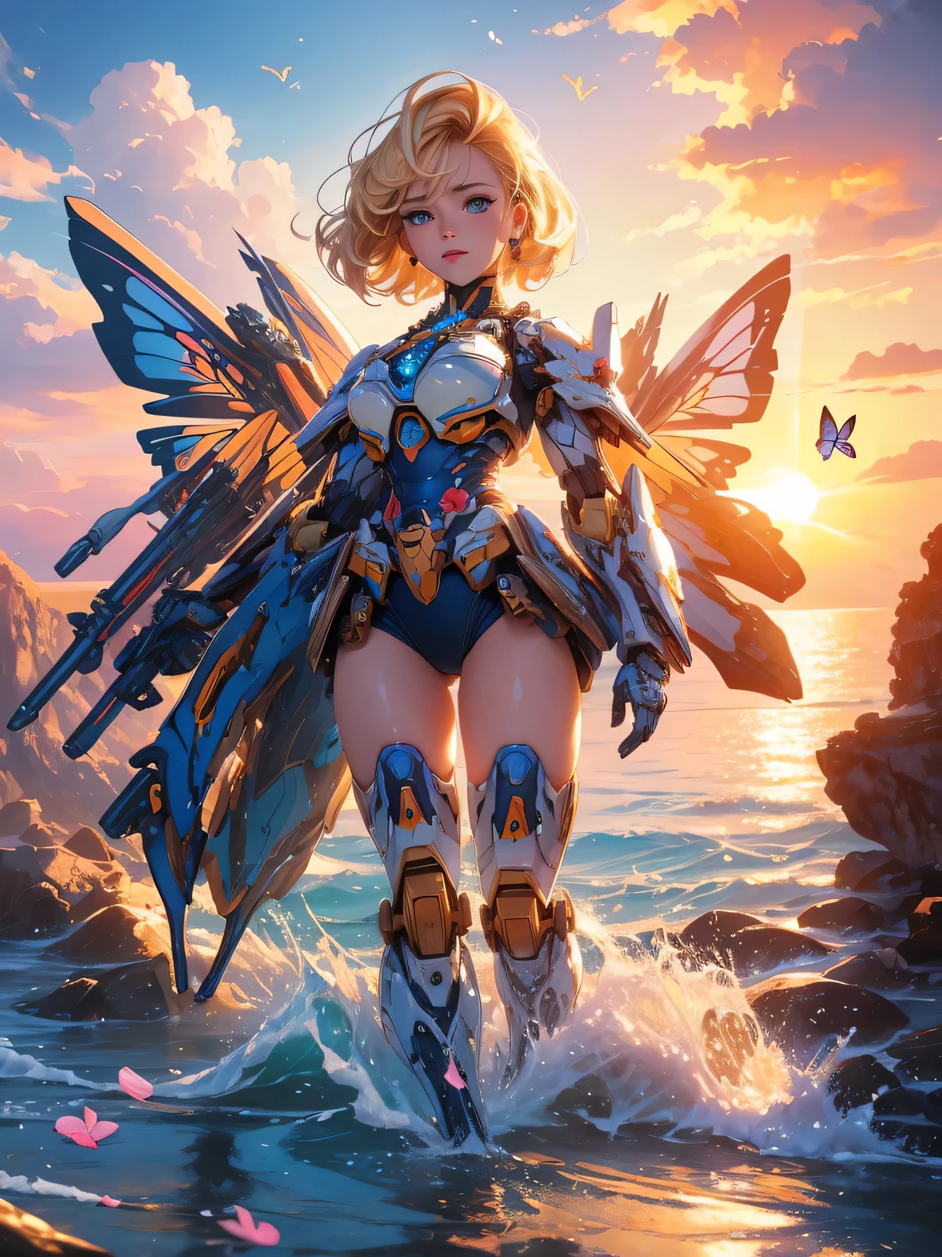 high resolution:1.7, incredibly absurdres, kawaii:1, cute:1.5, hires.fix, incredibly fine illustration,8k,masterpiece:1.2,best quality, high quality, exquisite, beautiful, insanely detailed, intricate detailed, extremely detailed, Super Definition, ultra high res, Super Resolution, best aesthetic, ultra detailed:1.5, best quality, perfect face, detailed face, masterpiece:1.2, illustration:1.2, 8k cg wallpaper, stunning art,absurdres,octane render,ultra hires,1 girl, mid shot, full body, (mecha wing, mecha leg, mecha hand),((short blond hair)), asymmetrical bangs, insanely detailed face and eyes, Perfect lips, butterflies, floating petal, stone fragment, beautiful detailed water, cloud, sun, dusk, sunset, beautiful detailed cloud, ocean, sea waves, water splashes, dramatic, cinematic lighting, fine expression, fine detail, fantasy art,digital art,drawing,in the style of Yusuke Murata.