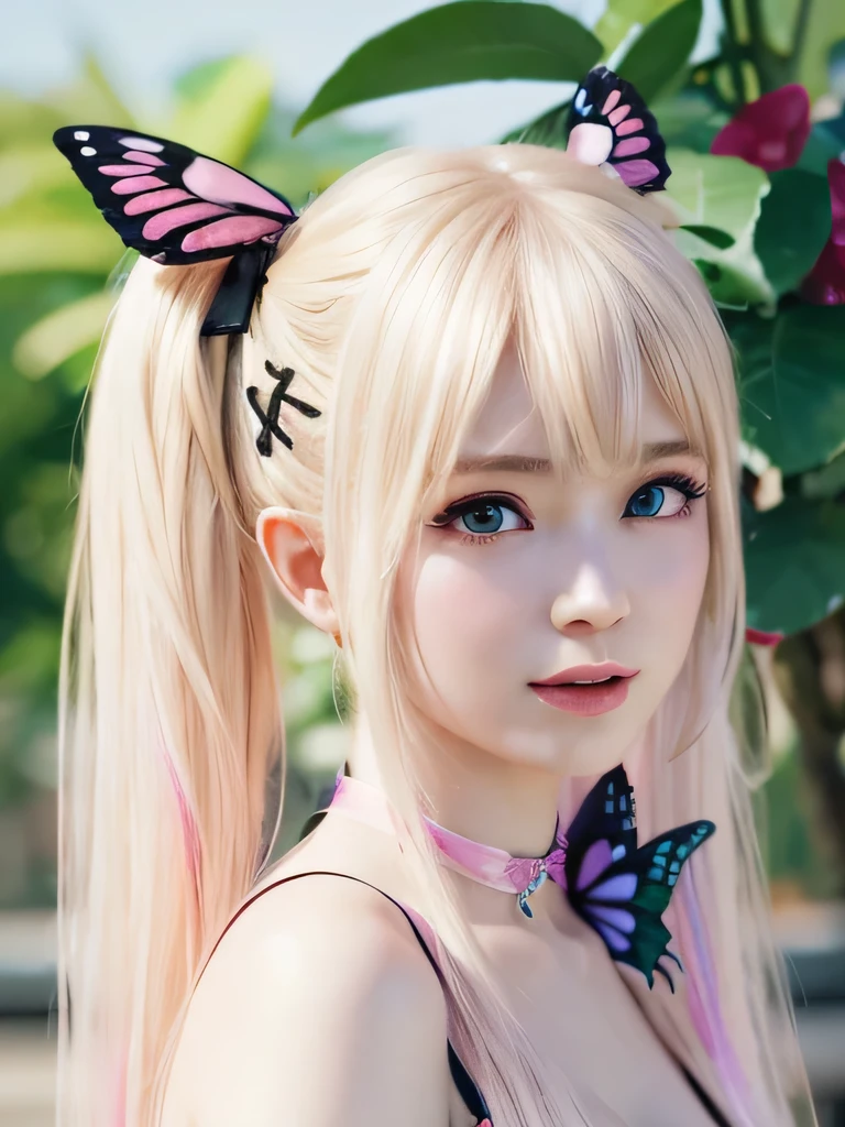(超Realistic butterfly girl with long pale hair and pink rainbow), Belle Delphine, kawaii realistic portrait, pale hair dead straw, hyperrealistic ultrAREAL Ultra-kawaii бунny girl, Portret Kim Petras, anime barbie, inspiration Yanjun Cheng, The most realistic, with long pale hair, Betty Cooper, roses