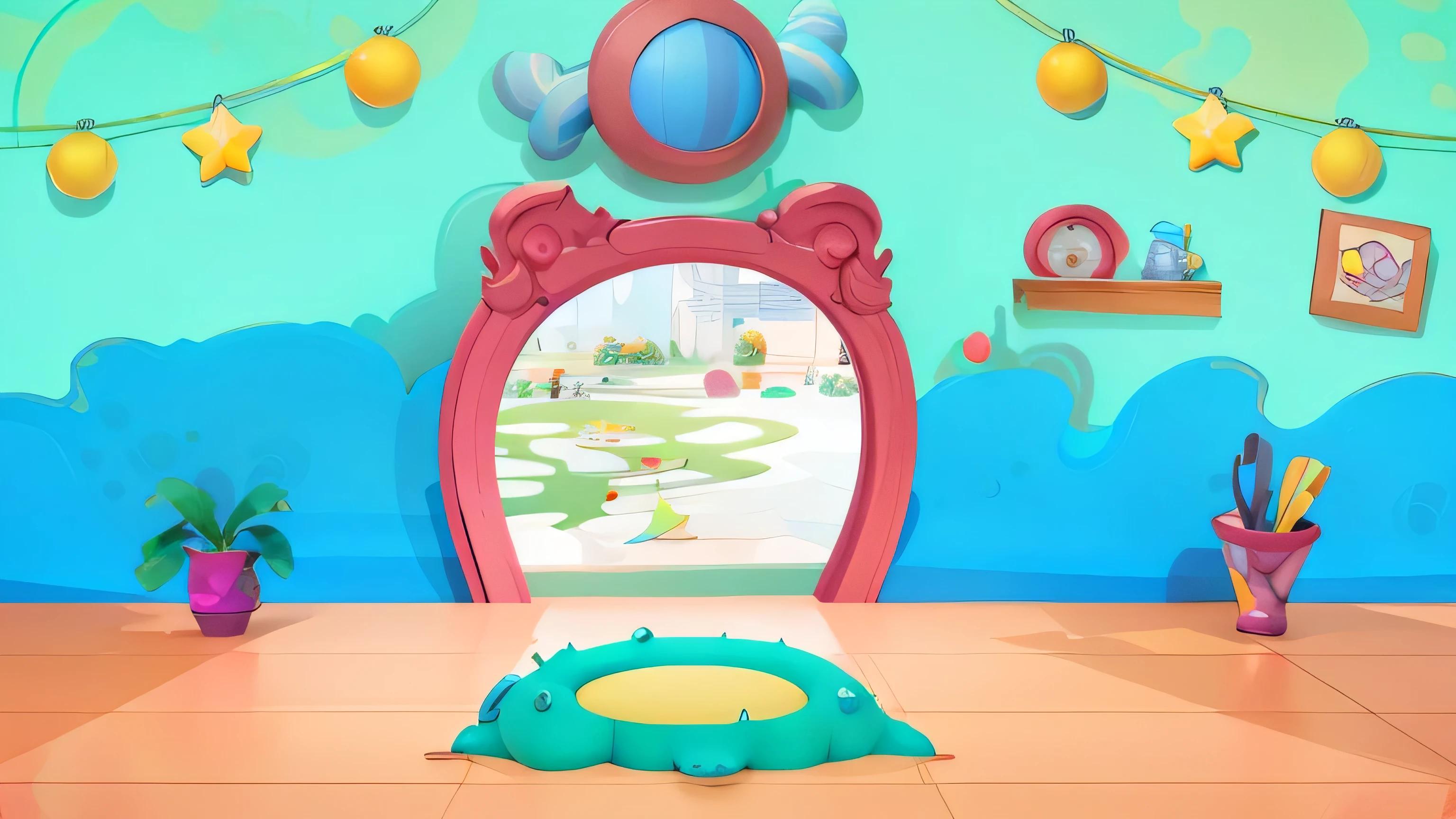 cartoon room with a mirror and a rug on the floor, magic lab background, in a candy land style house, mobile game background, alien room background, cartoon moody scene, game illustration, stylized digital illustration, background art, mobile game art, cartoon style illustration, 2 d game art background, interior background art, screenshot from game, rounded house and cute character