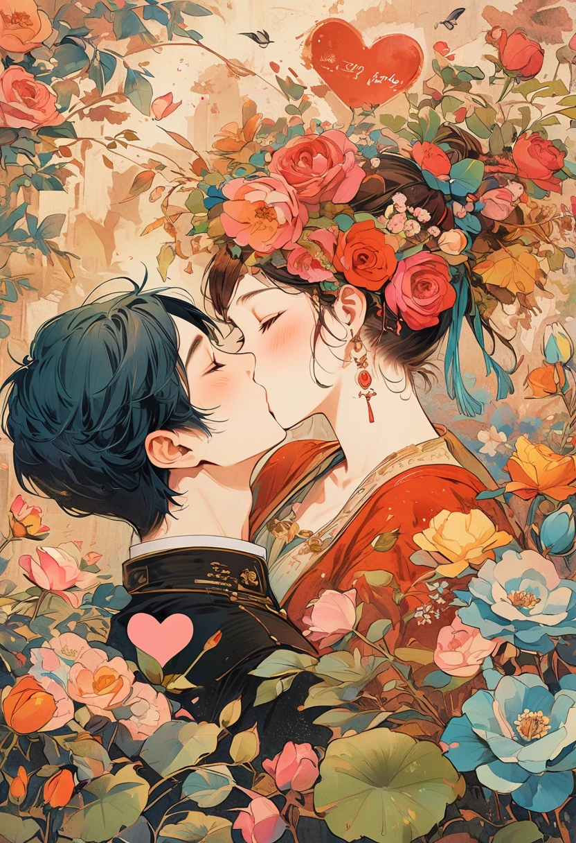 ink style, A cartoon-style illustration of lovers kissing, surrounded by Valentine's Day elements. The scene is vibrant and filled with hearts, Cupid's arrows, and pink and red decorations. Both characters exhibit exaggerated, joyful expressions of love, with their eyes closed in a blissful kiss. The background is adorned with symbols of romance, such as roses, chocolates, and a banner proclaiming 'Happy Valentine's Day,' all rendered in a playful, animated aesthetic, (Ghibli-like colours, UHD, masterpiece, ccurate, anatomically correct, textured skin, super detail, 8k)
