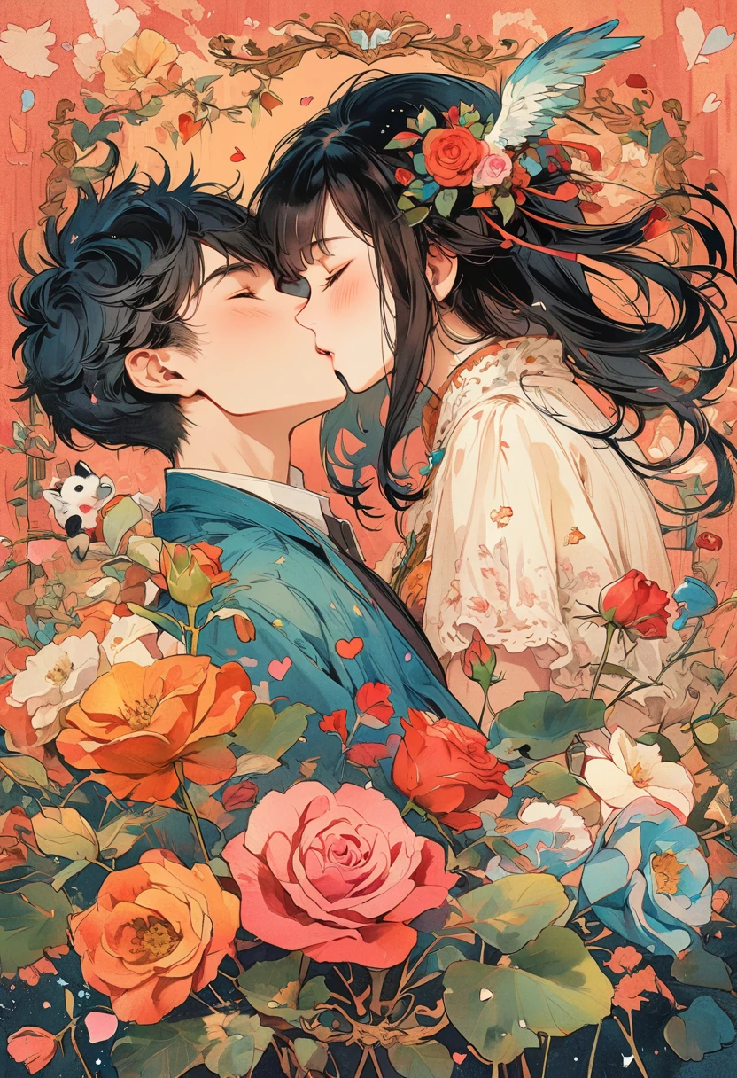 ink style, A cartoon-style illustration of lovers kissing, surrounded by Valentine's Day elements. The scene is vibrant and filled with hearts, Cupid's arrows, and pink and red decorations. Both characters exhibit exaggerated, joyful expressions of love, with their eyes closed in a blissful kiss. The background is adorned with symbols of romance, such as roses, chocolates, and a banner proclaiming 'Happy Valentine's Day,' all rendered in a playful, animated aesthetic, (Ghibli-like colours, UHD, masterpiece, ccurate, anatomically correct, textured skin, super detail, 8k)
