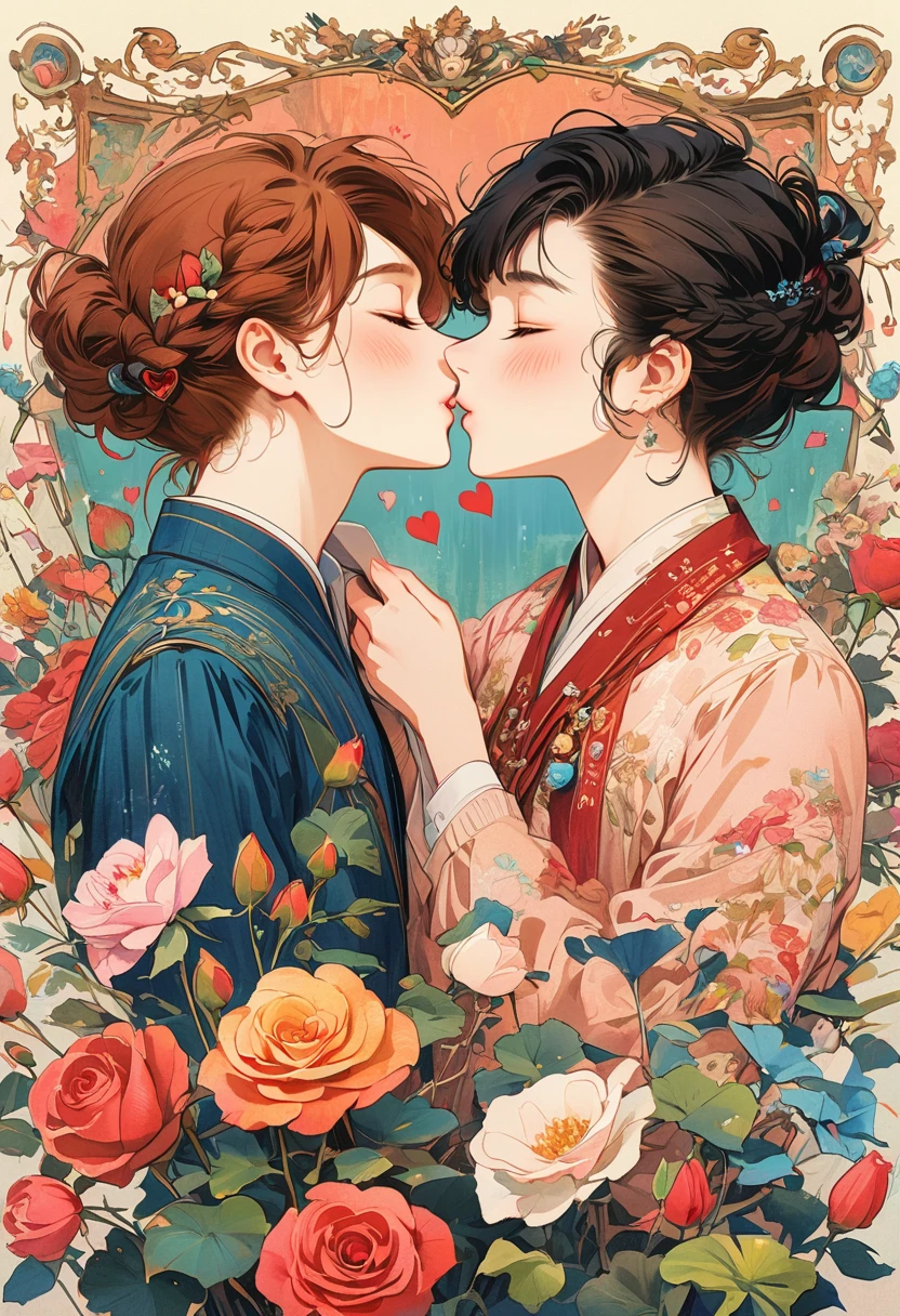 ink style, A cartoon-style illustration of lovers kissing, surrounded by Valentine's Day elements. The scene is vibrant and filled with hearts, Cupid's arrows, and pink and red decorations. Both characters exhibit exaggerated, joyful expressions of love, with their eyes closed in a blissful kiss. The background is adorned with symbols of romance, such as roses, chocolates, and a banner proclaiming 'Happy Valentine's Day,' all rendered in a playful, animated aesthetic, (Ghibli-like colours, UHD, masterpiece, ccurate, anatomically correct, textured skin, super detail, 8k)