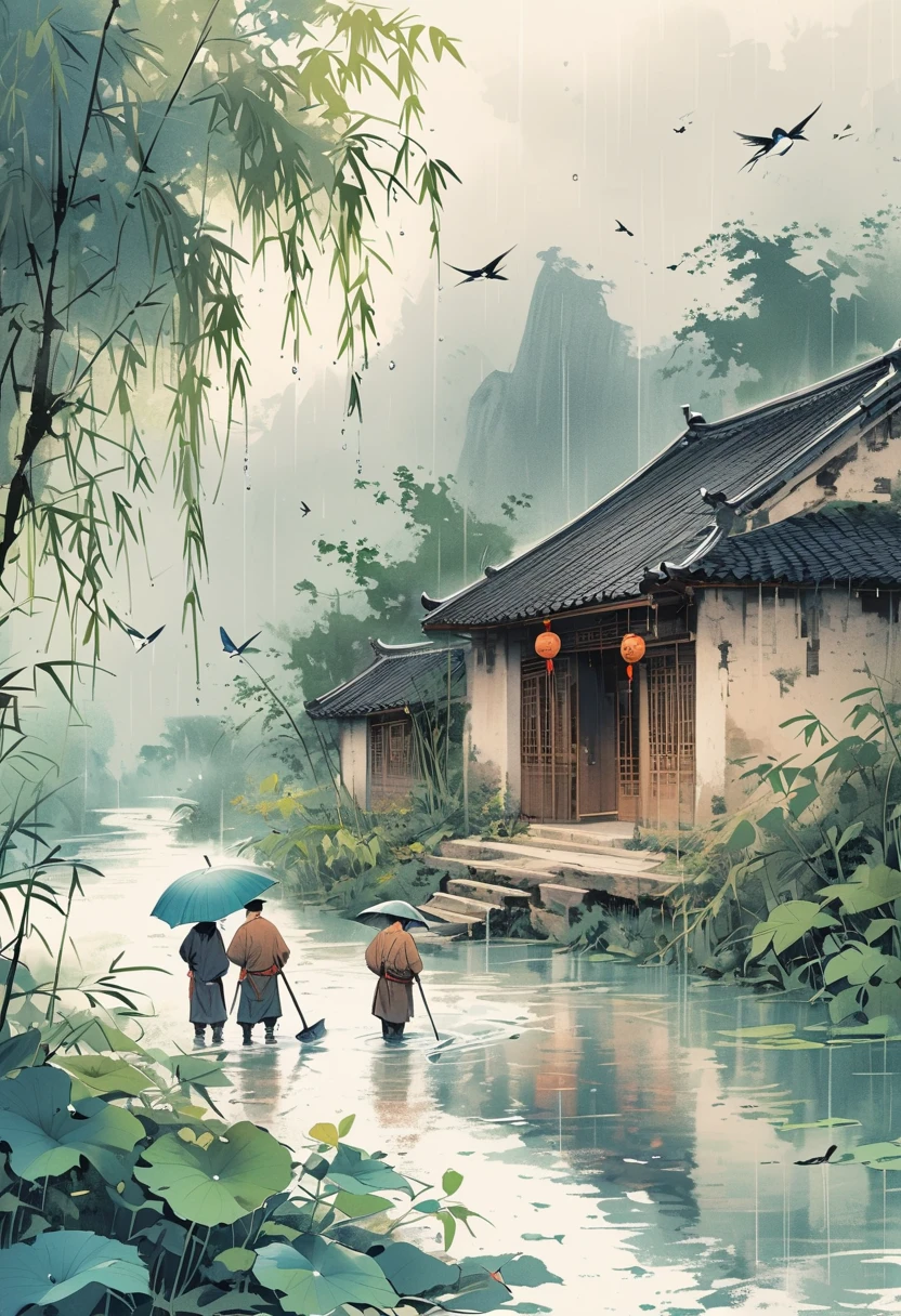 There is a stream in front of the tile house, There are two men carrying hoes, There are willows, bamboo, Swallows by the river, it is raining, ink style, simple pictures