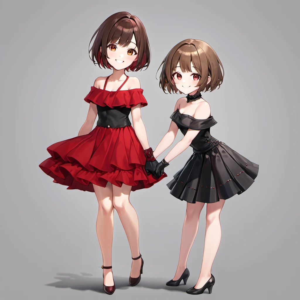 Masterpiece, Improved quality, High quality, Good anatomy. Well-formed hands,cHealthy body, Intact fingers, Normal digits, perfect body, full body in image, short hair with bangs to the right, off shoulder black red mini bandeau dress, Elbow-length gloves, smile, sleeveless black red mini dress, bright brown hair, 18 years old