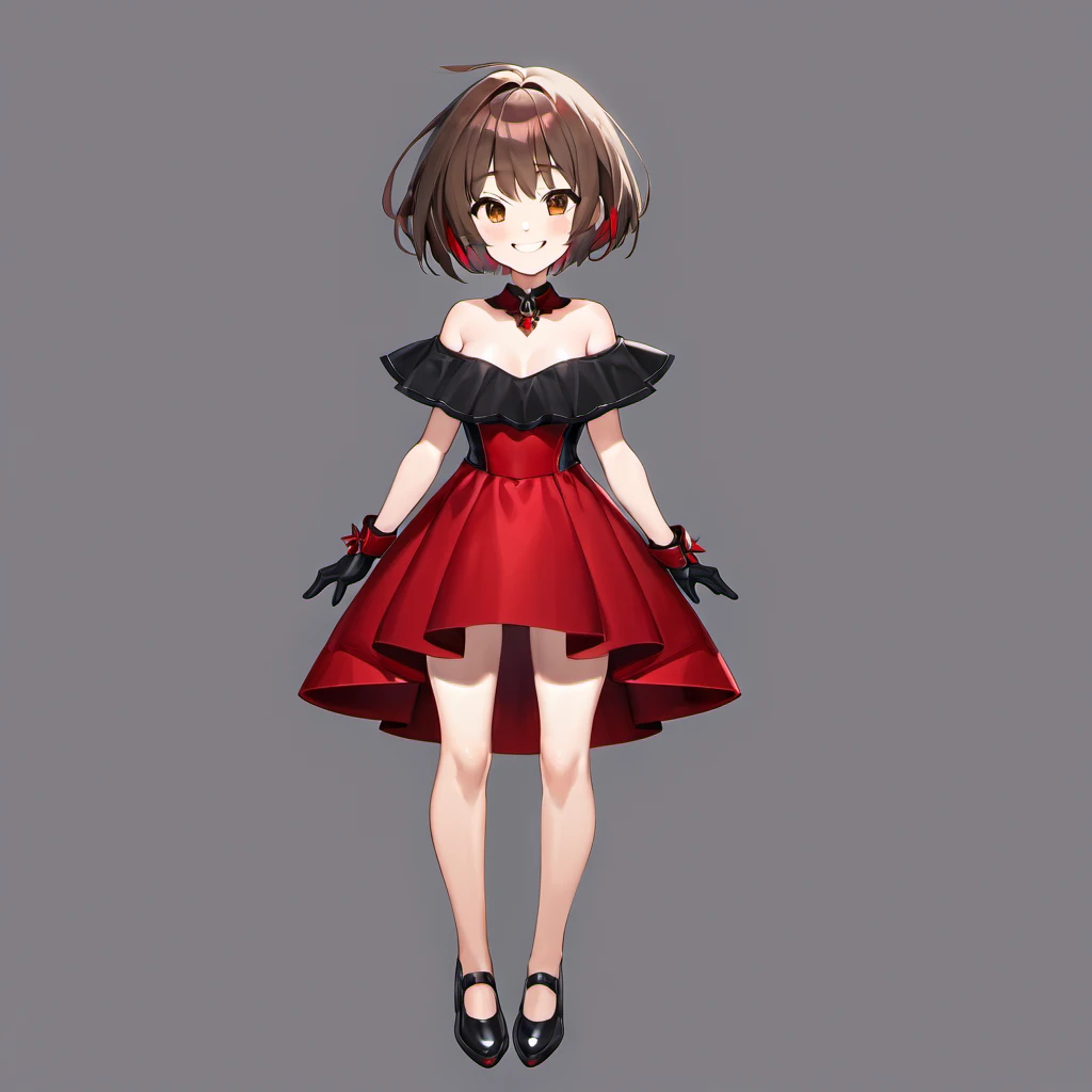 Masterpiece, Improved quality, High quality, Good anatomy. Well-formed hands,cHealthy body, Intact fingers, Normal digits, perfect body, full body in image, short hair with bangs to the right, off shoulder black red mini bandeau dress, Elbow-length gloves, smile, sleeveless black red mini dress, bright brown hair, 18 years old