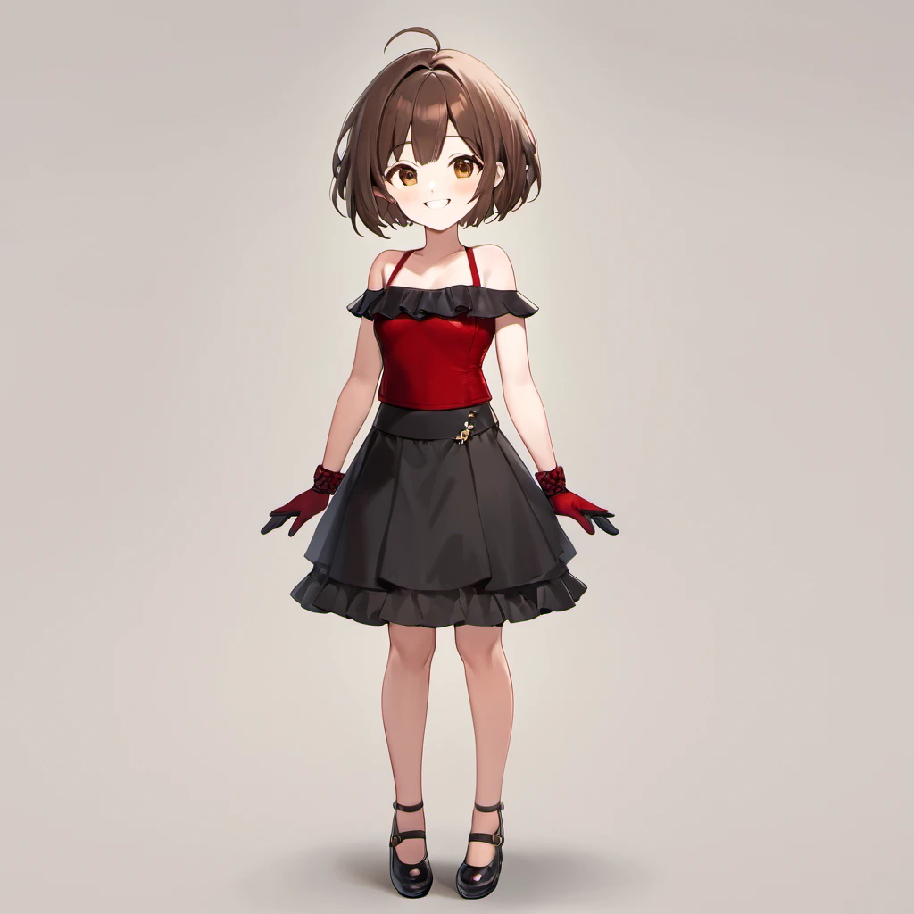 Masterpiece, Improved quality, High quality, Good anatomy. Well-formed hands,cHealthy body, Intact fingers, Normal digits, perfect body, full body in image, short hair with bangs to the right, off shoulder black red mini bandeau dress, Elbow-length gloves, smile, sleeveless black red mini dress, bright brown hair, 18 years old