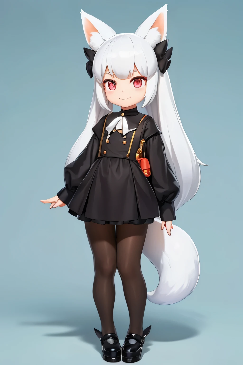 A girl with impressive white hair、Fox ears and tail、Hair Ornament、Black pantyhose、No sleeve、smile、cute shoes with accessories