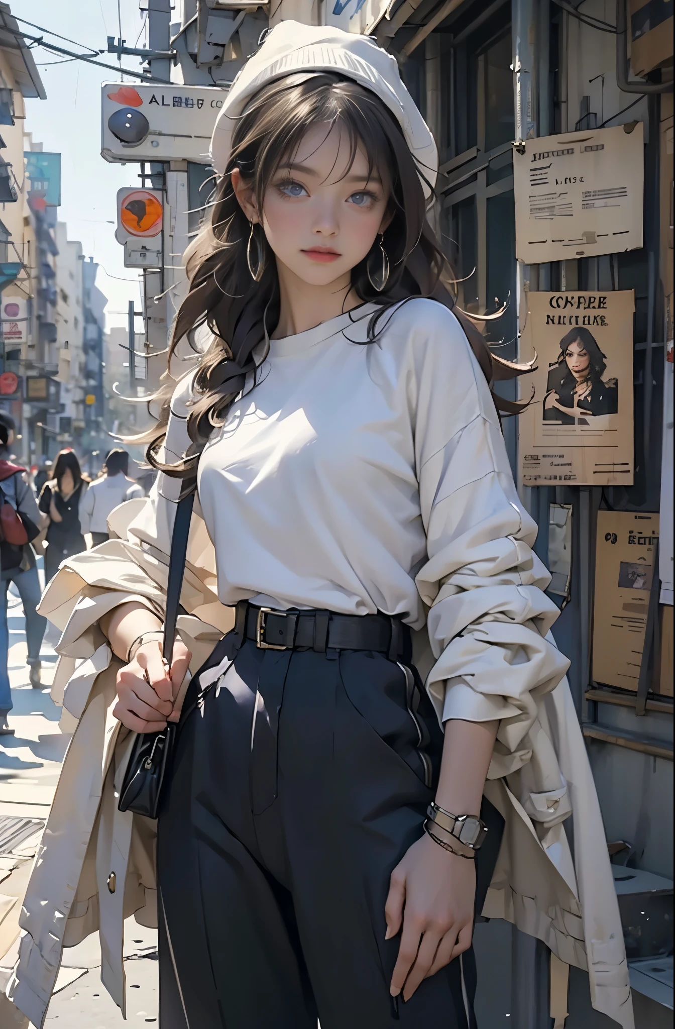 Photo of a beautiful woman standing on a street corner, Perfect model body shape, Stylish pants style, colorful purple shirt, Stylish hats, very stylish, with influence of Jeremy Mann, Jeremy Mann, style of Jeremy Mann, Jeremy Mann painting, Jeremy Mann art, Ron Hicks, Liepke, Jeremy Mann and alphonse mucha, Works that influenced Edmund Blampid, robert lenkiewicz, Casey Baugh and James Jean, Works that influenced Willem Kalf, Nick Alm, tumbler, figurative art, intense watercolor, watercolor detailed art,Beautiful and expressive paintings, Beautiful artwork illustration, wonderful, cool beauty, masterpiece, highest quality, official art, perfect composition, perfect angle, best shot, The perfect subject, women only, sharp outline, romantic, Moody, very beautiful and detailed eyes, beautiful and delicate eyes, ideal animation, sentimental,Hongkong, close