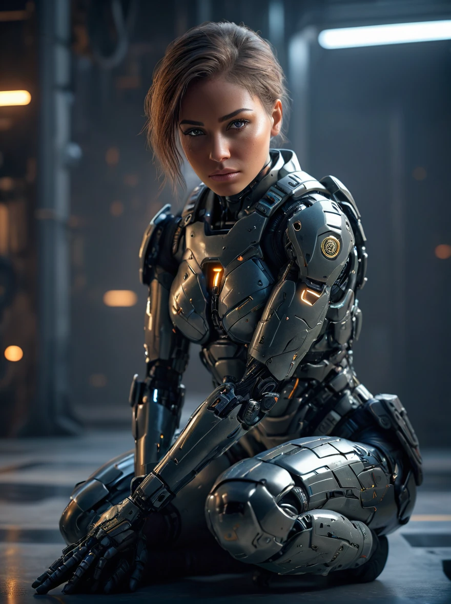 A cinematic photo shoot of gorgeous female military soldier cyborg hugging knees wishing her original beautiful body back, negative face emotion, detailed face, volumetric light, insanely detailed and intricate, ultrasharp focus, octane render, unreal engine, hyper realistic photo, high definition, 32 K, Nat Geo photography style