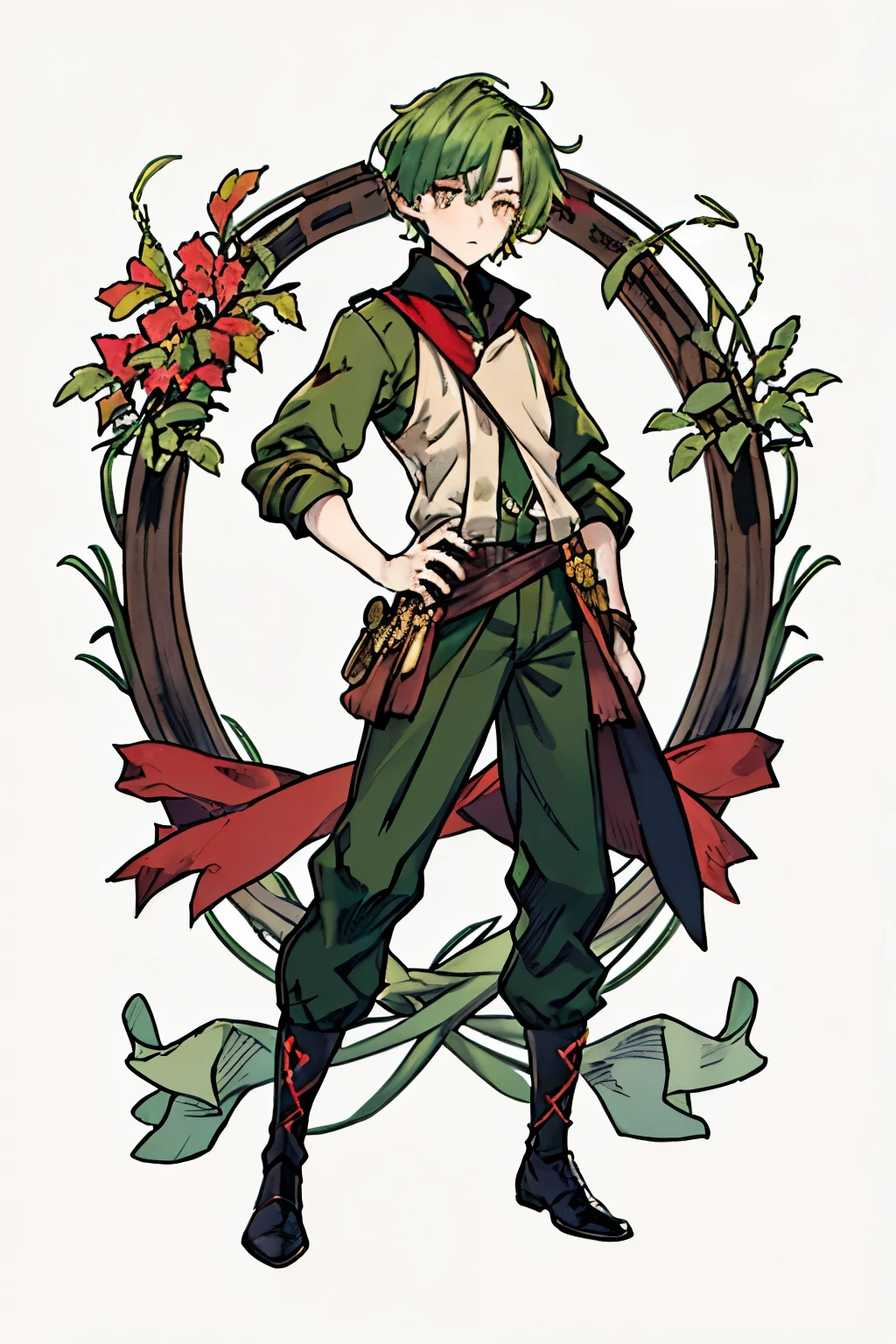 (1 boy, immature man: 1.1), alone, (Small face contour, golden eyes), Charm), (very short hair: 1.8, green hair; 1.0), wearing a red bandana on his head, (Dark green jersey), simple background、Draw the whole thing、full body illustration