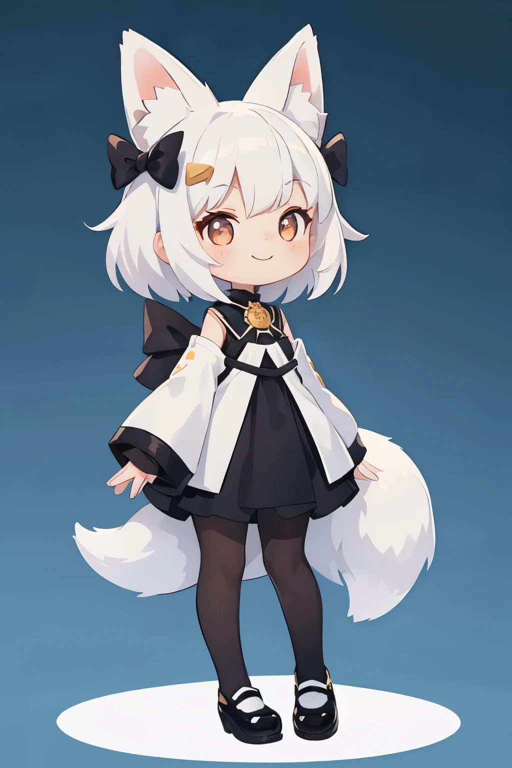 A girl with impressive white hair、Fox ears and tail、Hair Ornament、Black pantyhose、No sleeve、smile、cute shoes with accessories