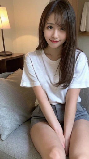 highest quality, face focus, soft light, (Depth of the bounds written) ,ultra high resolution, (realistic:1.4), Raw photo, (moody lighting, night:1.2), Bedroom,
(upper thigh:1.4)
1 japanese girl, alone, cute, cute, (shy, smile:1.1), (brown eyes), natural face, (long hair),
(sit in a gray linen chair)
(White oversized T-shirt:1.2)
