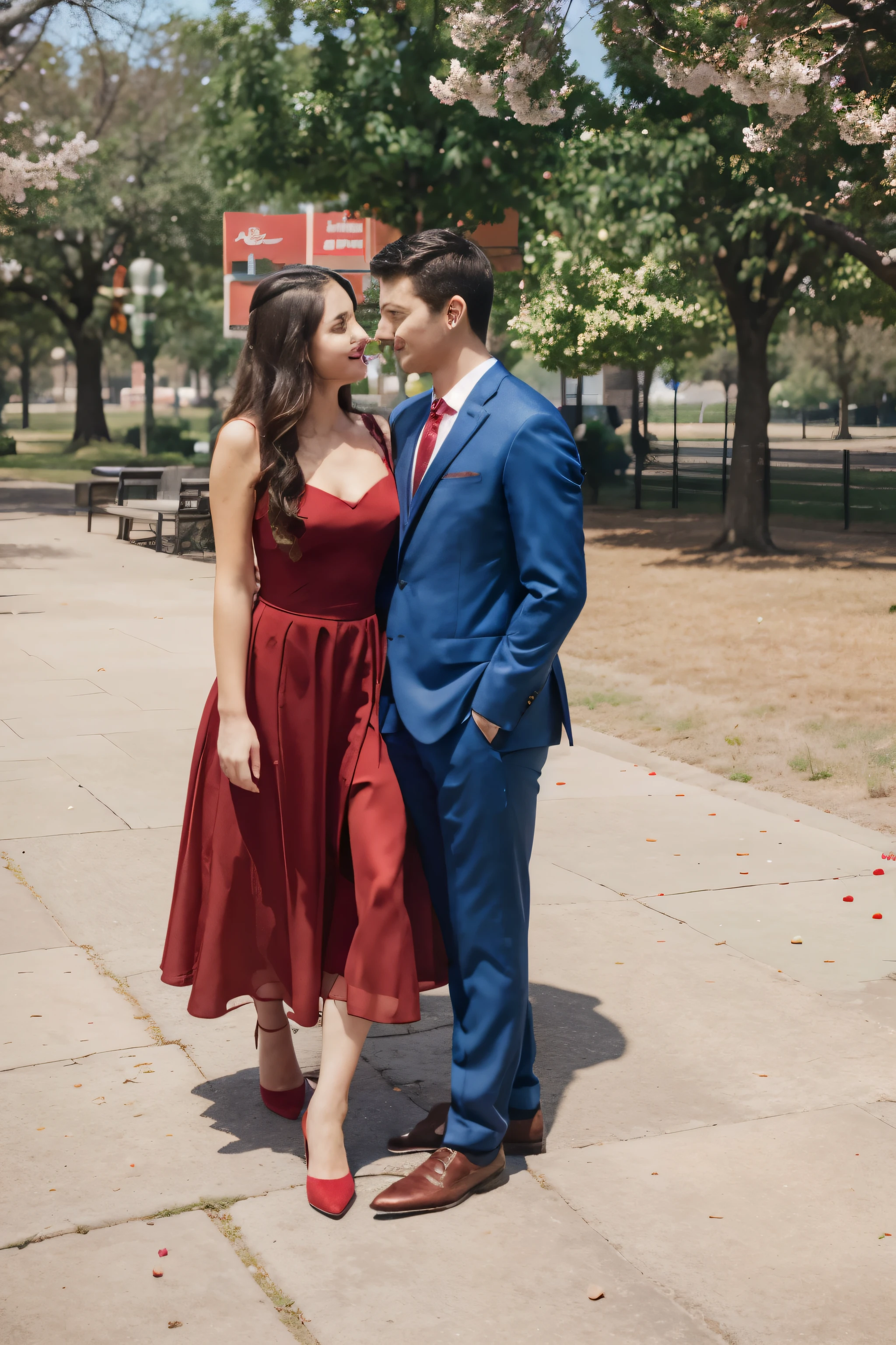 Guy and girl in the park, Girl in a red dress, man in a blue classic suit, Green Trees, blossoming apple tree