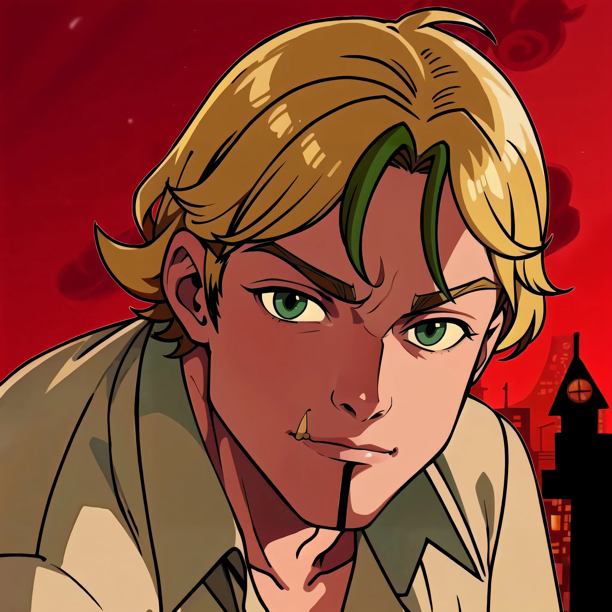 blond haired man with green eyes and a cigarette in his mouth, the curse of monkey island, guybrush threepwood, sanji, dio brando, adam, avatar image, tyler jacobson style, archie andrews, ( asaf hanuka ), cel - shaded art style, cartoon artstyle, background artwork, handsome guy in demon slayer art, promotional art