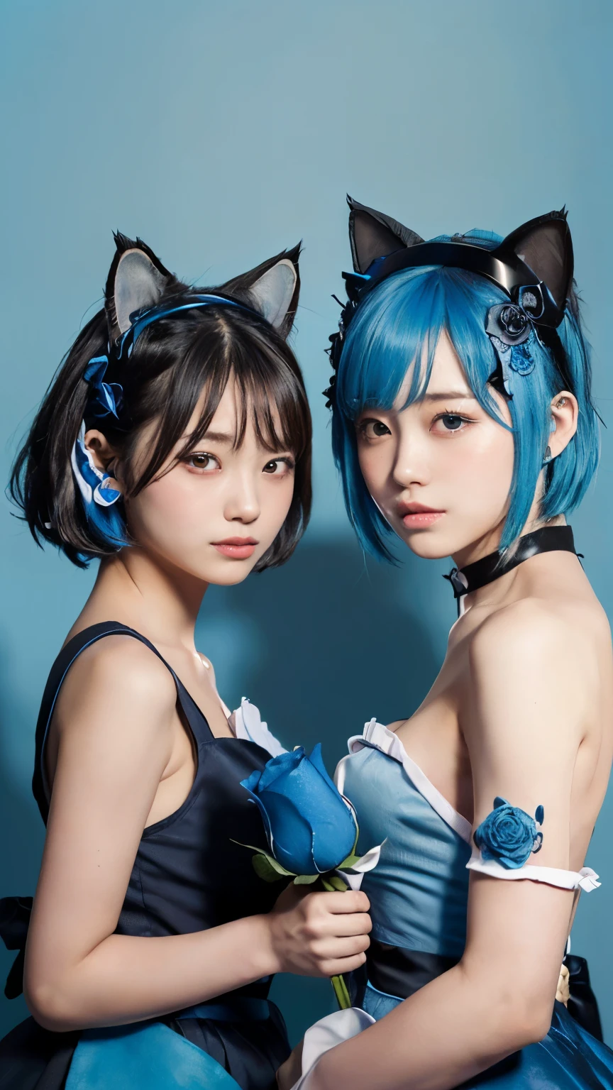 (Emo art:1.6), masterpiece, 4k, Bokeh, high school girls, (Multiple girls:1.6), (Group photo:1.5), beautiful face,  (Cat ears:1.3), (Blue bob hair:1.6) , (Japanese idol:1.6), Blushed face, (Blue maid costume :1.4), looking at the viewer, closeup, 
 (Blue background :1.4), (Blue rose room:1.6)