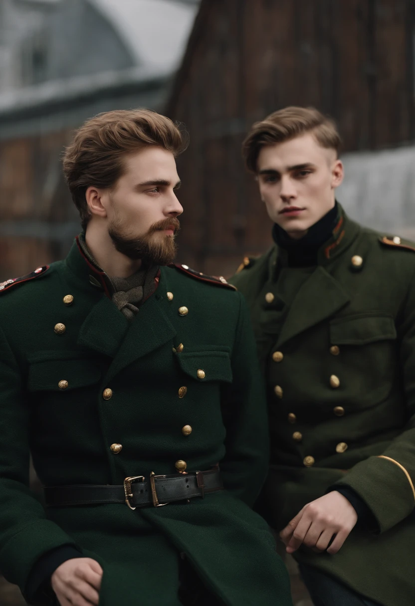 Two guys. One is called Edward, he is: bearded, short, wearing military style, Armenian, strict character, but unemotional. The second guy's name is Gosha, he is: slightly taller than Edward, thin, stupid, strange, kind, emotional, gentle, active, funny, dressed very simply. Gosha actively shows her feelings for Edward because they are dating. Gosha tries to kiss Edward on the cheek, but since Edward turned sharply, Gosha kissed him on the lips and began to giggle joyfully. Only mans!!! Without womans
