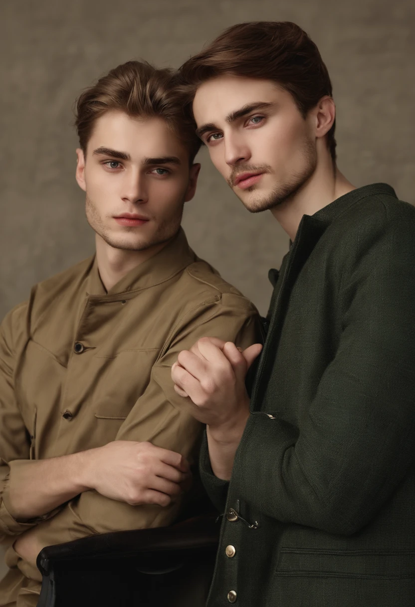 Two guys. One is called Edward, he is: bearded, short, wearing military style, Armenian, strict character, but unemotional. The second guy's name is Gosha, he is: slightly taller than Edward, thin, stupid, strange, kind, emotional, gentle, active, funny, dressed very simply. Gosha actively shows her feelings for Edward because they are dating. Gosha tries to kiss Edward on the cheek, but since Edward turned sharply, Gosha kissed him on the lips and began to giggle joyfully. Only mans!!! Without womans