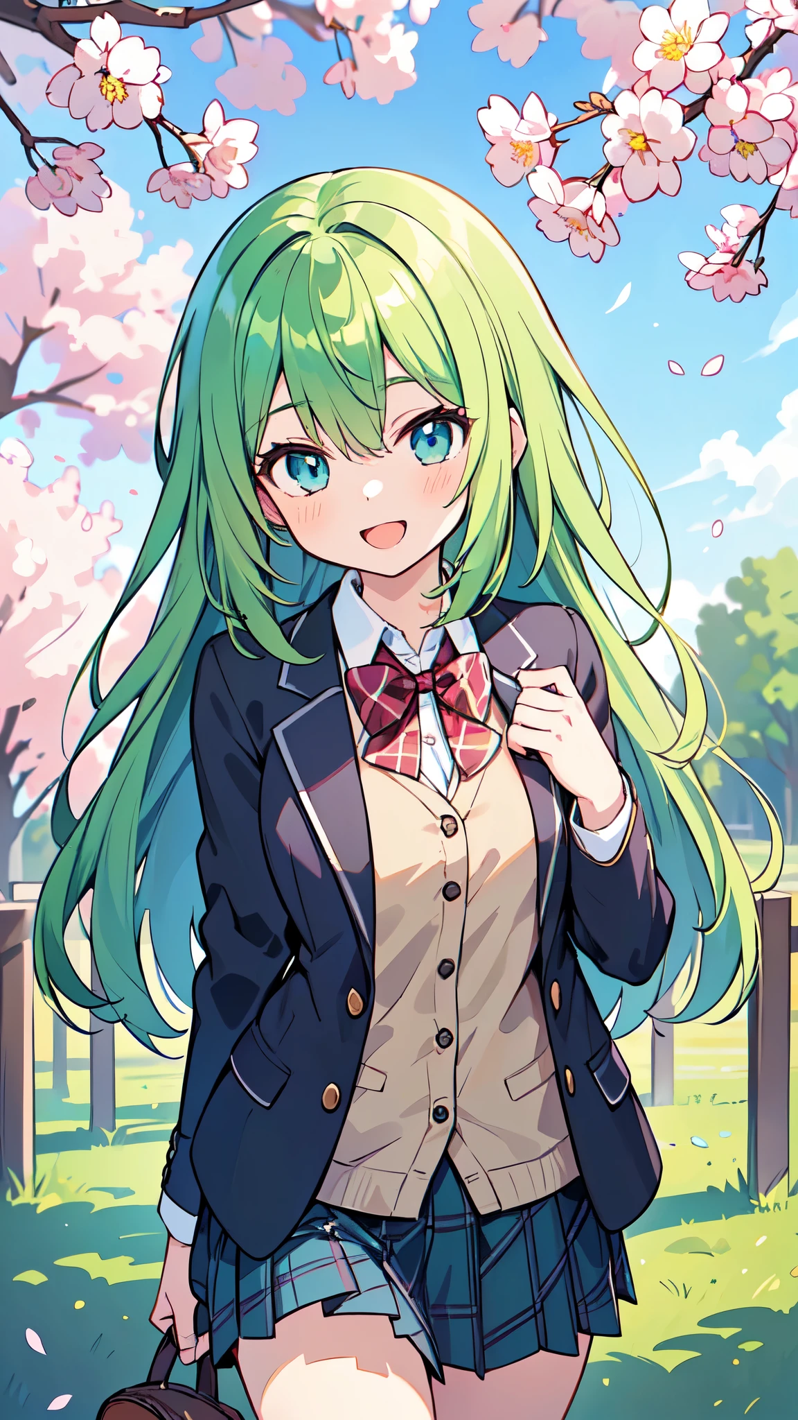 ((A Pretty High School girl with green hair and blue eyes)), ((wearing blazer uniform and plaid skirt)), Baby face, ((master piece, top-quality, ultra-definition, high resolution)), anime girl, ((ultra-detailed illust:1.2)), only one person, bangs, hair between eye, beautiful hair, Shiny eyes, Medium breasts, Big smile, opened mouth, cherry trees, schoolyard