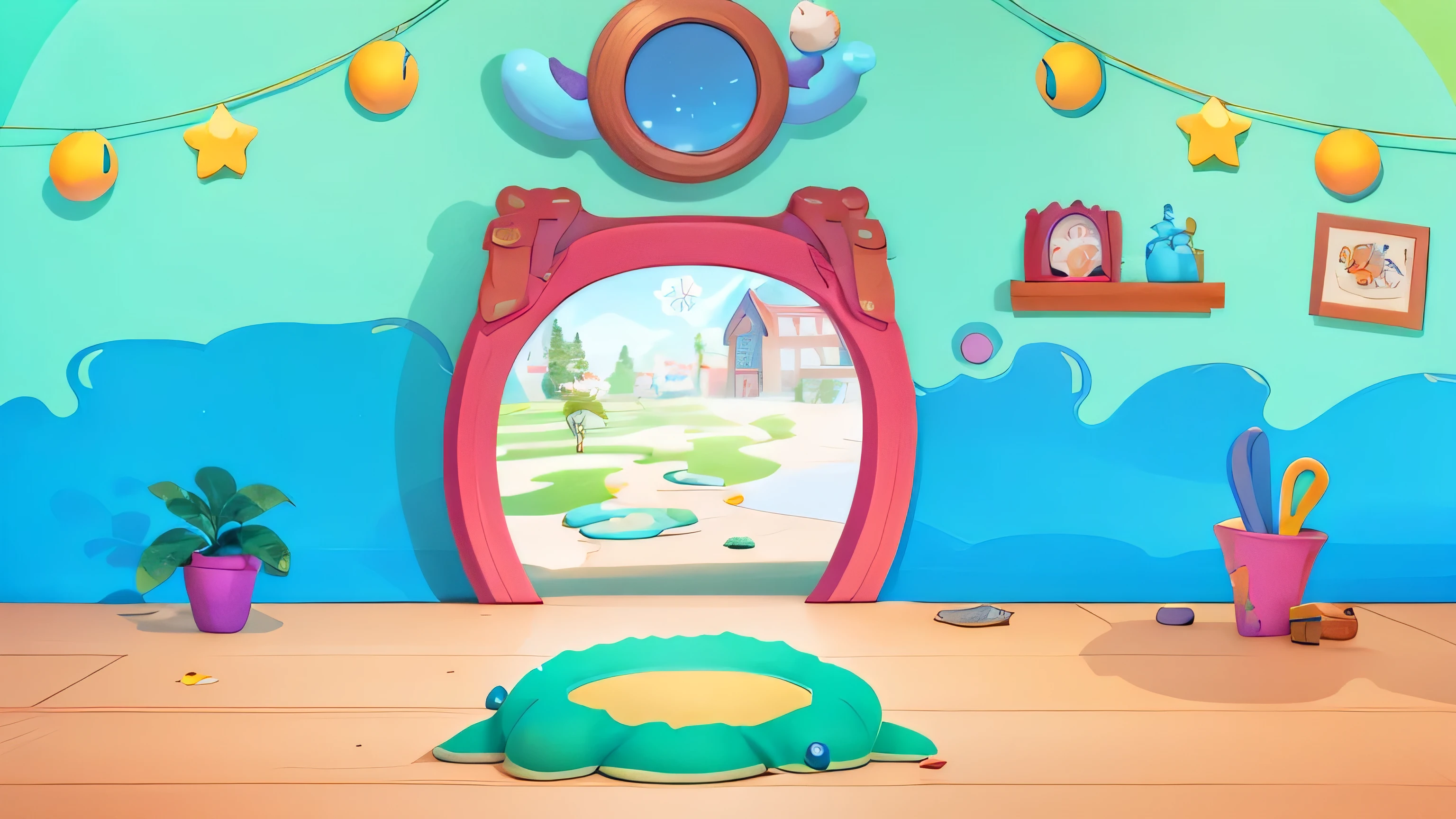 cartoon room with a mirror and a rug on the floor, magic lab background, in a candy land style house, mobile game background, alien room background, cartoon moody scene, game illustration, stylized digital illustration, background art, mobile game art, cartoon style illustration, 2 d game art background, interior background art, screenshot from game, rounded house and cute character