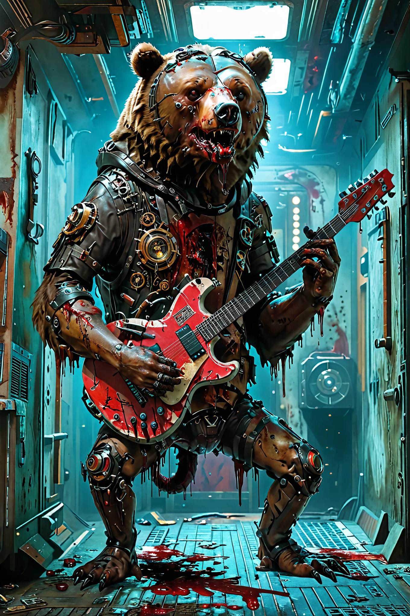 Injured and bloody bear、Bear with bloody face、Wounded Bear、have a guitar、playing the guitar、Punk Rock、punk music player, Incredible high definition rendering of an imagined character with multiple personalities called "a many angled one" as if from another dimension or universe. Exhibited on a wall inside an extraordinary vehicle driven around by Leonardo Da Vinci himself; inspired by his inventions, works, and visions, it depicts an intriguing mix of futuristic steampunk style