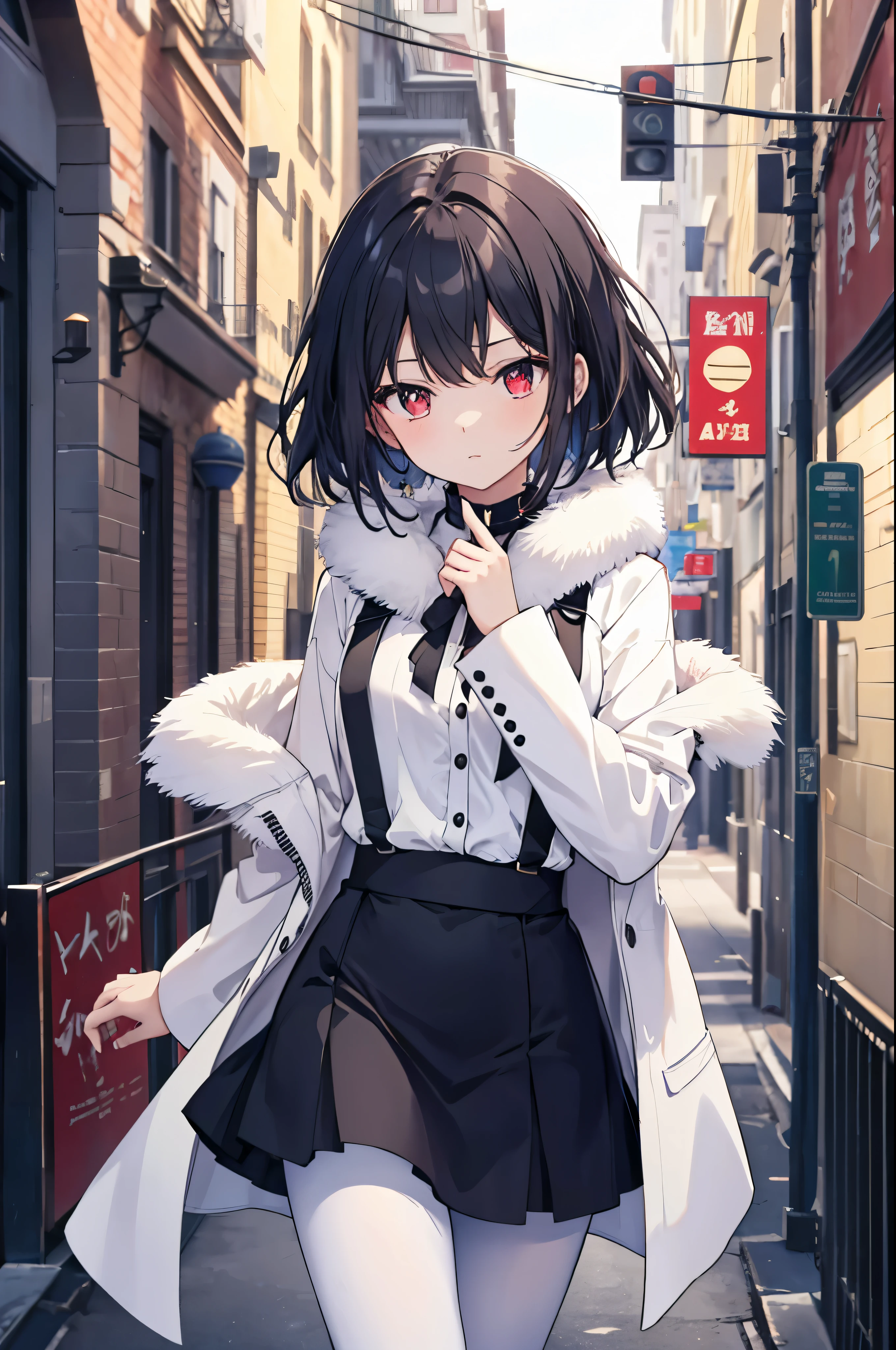 a girl,Slim girl figure,black hair,red eyes,There are highlights in the eyes,female face,female hands,white little hands,human finger,Small breasts,Bad milk,Wearing a fur collar coat,Wearing a short black skirt,Wearing white pantyhose,masterpiece,Exquisite and delicate two-dimensional exquisite painting style,Exquisite and delicate,8K high quality,CG wallpaper,HD,solo,Standing in an alley in the city