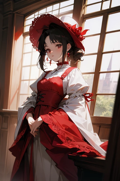 (8K, Raw photo, highest quality, masterpiece), Akina Nakamori、white and red lace dress、25 years old、Beautiful woman、sexy、White cross necklace on chest、gothic style、miniature small hat、Sharp and cute、Beautiful woman、