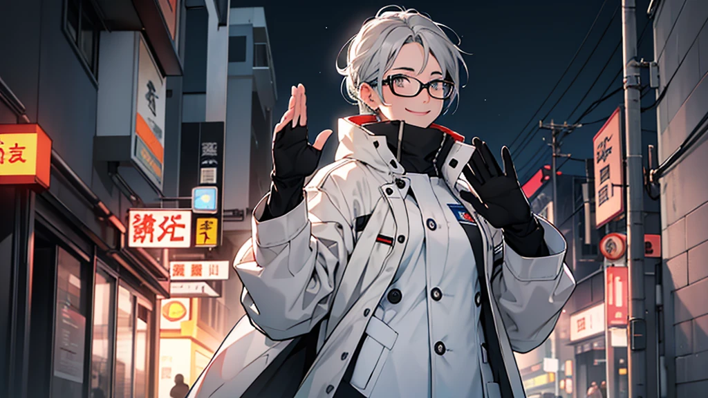 The mother of an emergency worker has gray hair, wears black-rimmed glasses, and wears a white coat, smiling and fighting back tears.、Waving at me It was evening and I was standing a little far away.