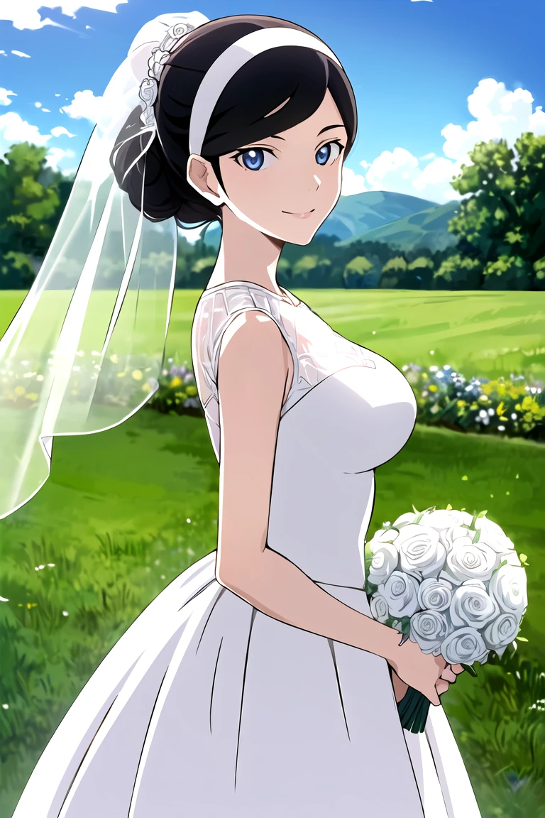 best quality,masterpiece,looking at viewer,absurdres,1girl,
depth of field,kumashiro maya,black hair,hairband,blue eyes,breasts,(wedding dress:1.2),white dress,veil,garden,outdoors,standing,holding bouquet,blue sky,cloud,smile,half updo,french braid,ponytail