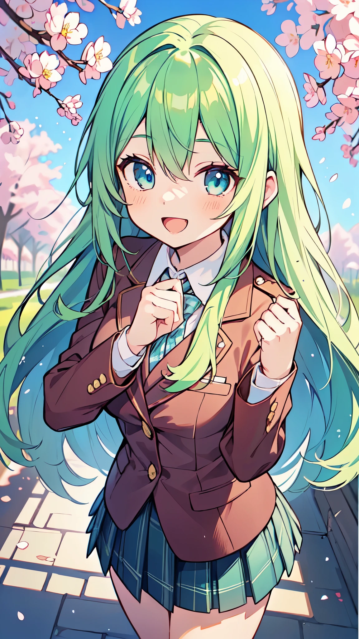 ((A Pretty High School girl with green hair and blue eyes)), ((wearing blazer uniform and plaid skirt)), Baby face, ((master piece, top-quality, ultra-definition, high resolution)), anime girl, ((ultra-detailed illust:1.2)), only one person, bangs, hair between eye, beautiful hair, Shiny eyes, Medium breasts, Big smile, opened mouth, cherry trees, schoolyard