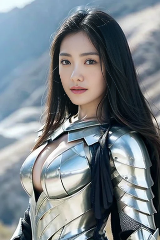 8K、Big breasts Super detailed、masterpiece、highest quality、(very detailed)、dynamic angle、mysterious look、wind effect、fantasyの背景、rim lighting、cinematic light、超A high resolution、8k eh、film grain、best shadow、delicate、to be born、particles of light、Fine skin texture、Detailed armor texture、detailed face、Complexディテール、Super detailed、shine、powerful scam、silver armor、(have a weapon)、Slashing、Slashing Action、big and full breasts,Scapula、shine目、 long cloak、fantasy、(to be bornきto be bornきとした)、shoulder armor、Complex、Complex、perfect lighting、looking at the viewer、movie lighting、fly in the sky、Flight、holy light、wonderful、bangs、It&#39;s windy、frozen mountain々々、wavy black hair、lich queen,sexy,Charm,short bob,Intricately decorated chest armor,