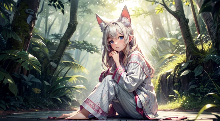 A professional high-quality photo, in 4K resolution, captures in realistic detail a charming girl in a fluffy white pajama with ears and foxtail. She is sitting in the middle of an enchanted forest, where every element is portrayed to perfection. The textures of the pajamas, ears and tail are sharp and palpable. Sunlight falls on the leaves and gently illuminates the girl's face, highlighting each delicate and charming expressive