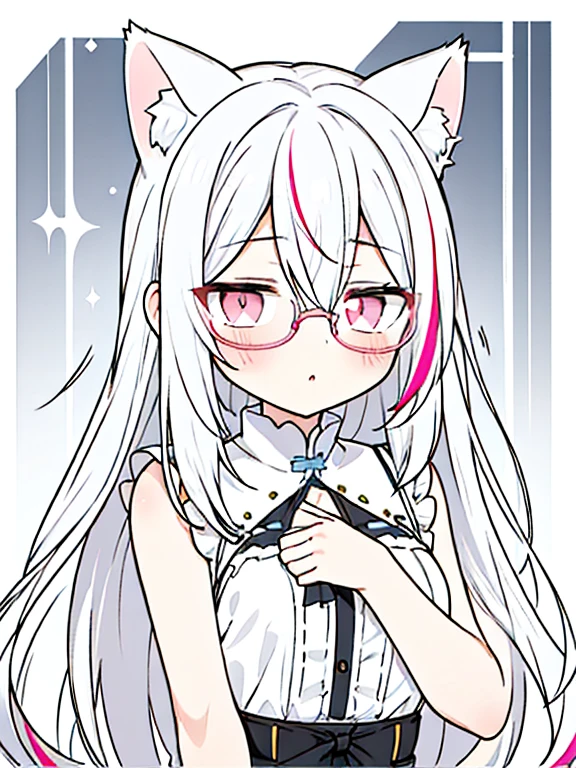 best quality, masterpiece, 1 girl, loli, upper body, hairs between eyes, female, pink eyes, long hair, small breasts, glasses, expressionless, wink , cat ears, white hair, silver hair, streaked hair,White cat doll set