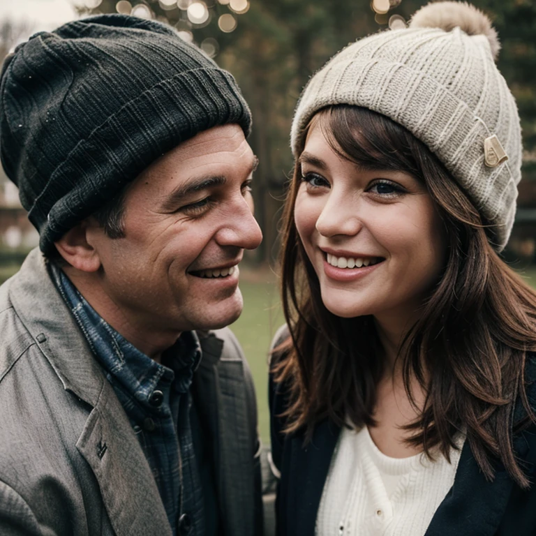 Dad puts on his woolen hat and smiles，Looking at each other with daughter，The daughter next to me is also laughing，they look at each other