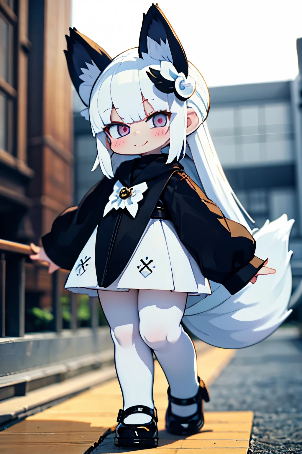 A girl with impressive white hair、Fox ears and tail、Hair Ornament、Black pantyhose、No sleeve、smile、cute shoes with accessories