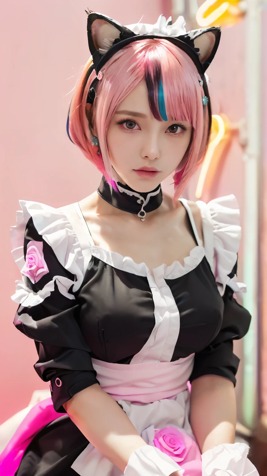 masterpiece, top-quality, Hi-Res, (((Evil Fall))), (((((Leotard))))), (Hollow eyes), ((Colossal tits)), (((neck tie))), (((magical ))), Ram, 1girl in, 独奏, (((Standing picture))),Ram(Re:Life in another world starting from scratch), A pink-haired, white thighhig, (((short-hair))), red eyes, Hair above one eye, ((frilld)), Maid headdress, ((garter strap)), Enamel material, Glossy material, Evil Costume, tentaculata