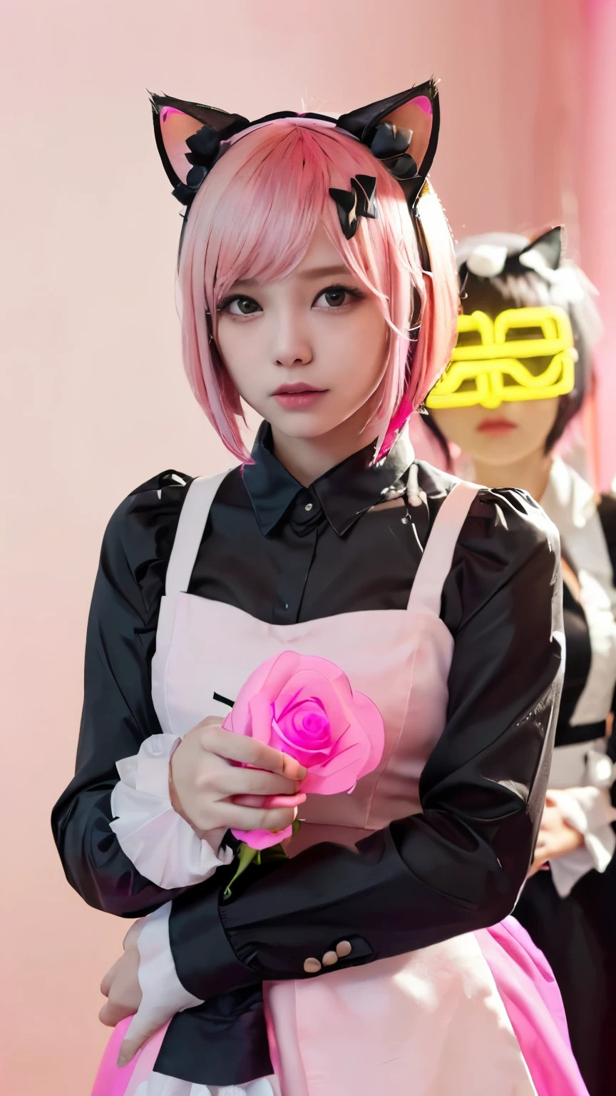 (Emo art:1.6), masterpiece, 4k, Bokeh, high school girls, (Multiple girls:1.6), (Group photo:1.5), beautiful face, (Cat ears:1.3), (Neon pink bob hair:1.6) , (Japanese idol:1.6), Blushed face, (Pink maid costume :1.4), looking at the viewer, closeup,
(Pink background :1.4), (Neon Pink rose millar room:1.6)