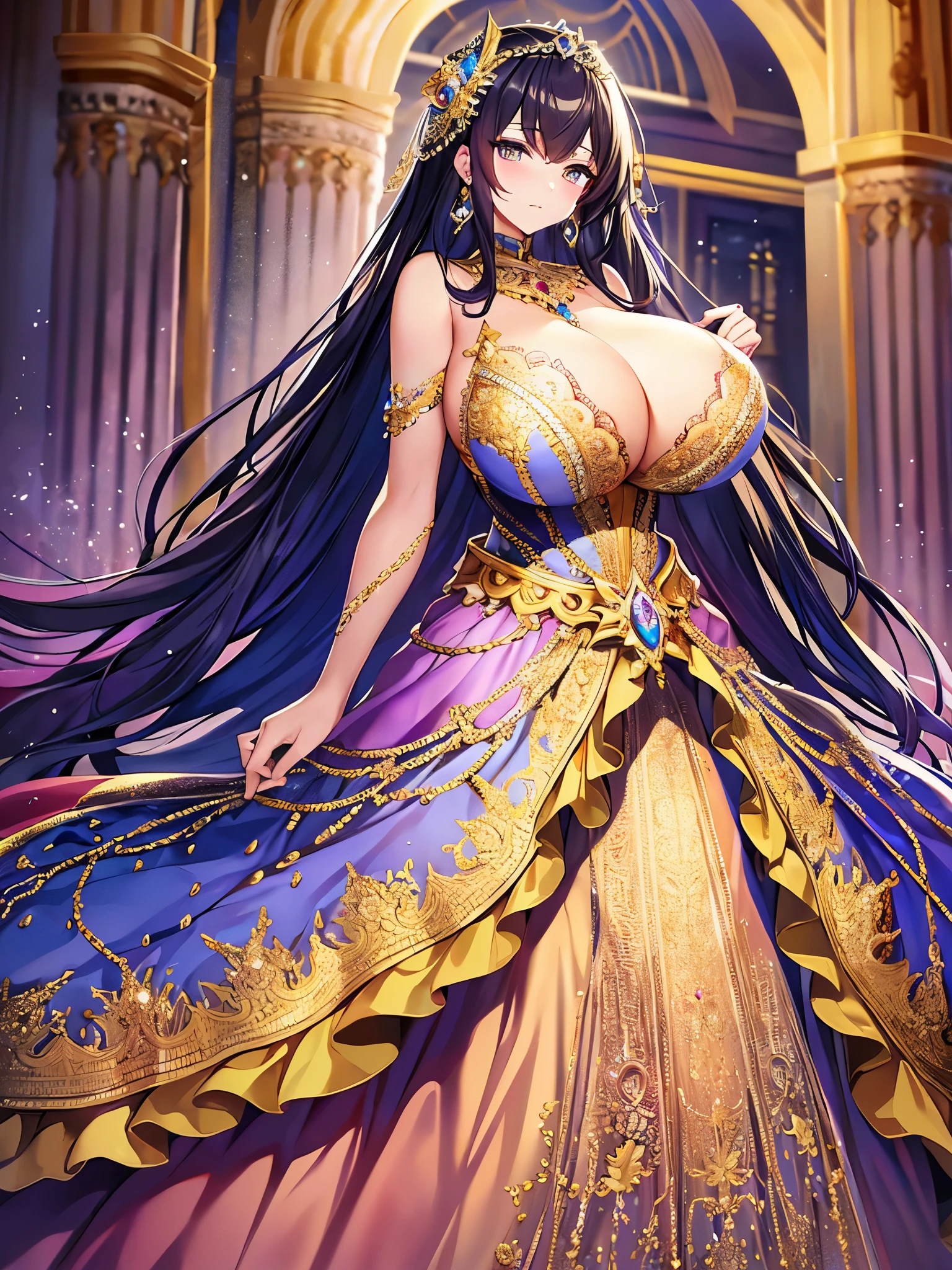 ((anime artstyle)),(Masterpiece),(Best Quality), (Super Detail),(((Very Delicate and Beautiful))),Solo,full body,((full body portrait)),((1 bling-bling gorgeous princess in beautiful embroidery and bling-bling jeweled gorgeous rococo ballgown)),((((absurdly gigantic tits)))),(((cleavage,curvy))),Skindentation,detailed face and eyes,jewel-like eyes,((castle,outdoor)),((crinoline,long train)),gorgeous princess rococo ballgown with voluminous full length hoop skirt and long train,(((bling-bling gorgeous rococo ballgown with beautiful embroidery and bling-bling jeweled))),((large amount of straight hair, absurdly long hair,Very Long Straight Hair)),extremely gorgeousfull hair ornament,(bling-bling extremely gorgeousfull jeweled tiara),luxurious jewelry,full body,((beautiful embroidery and jeweled bling-bling gorgeous rococo ballgown))