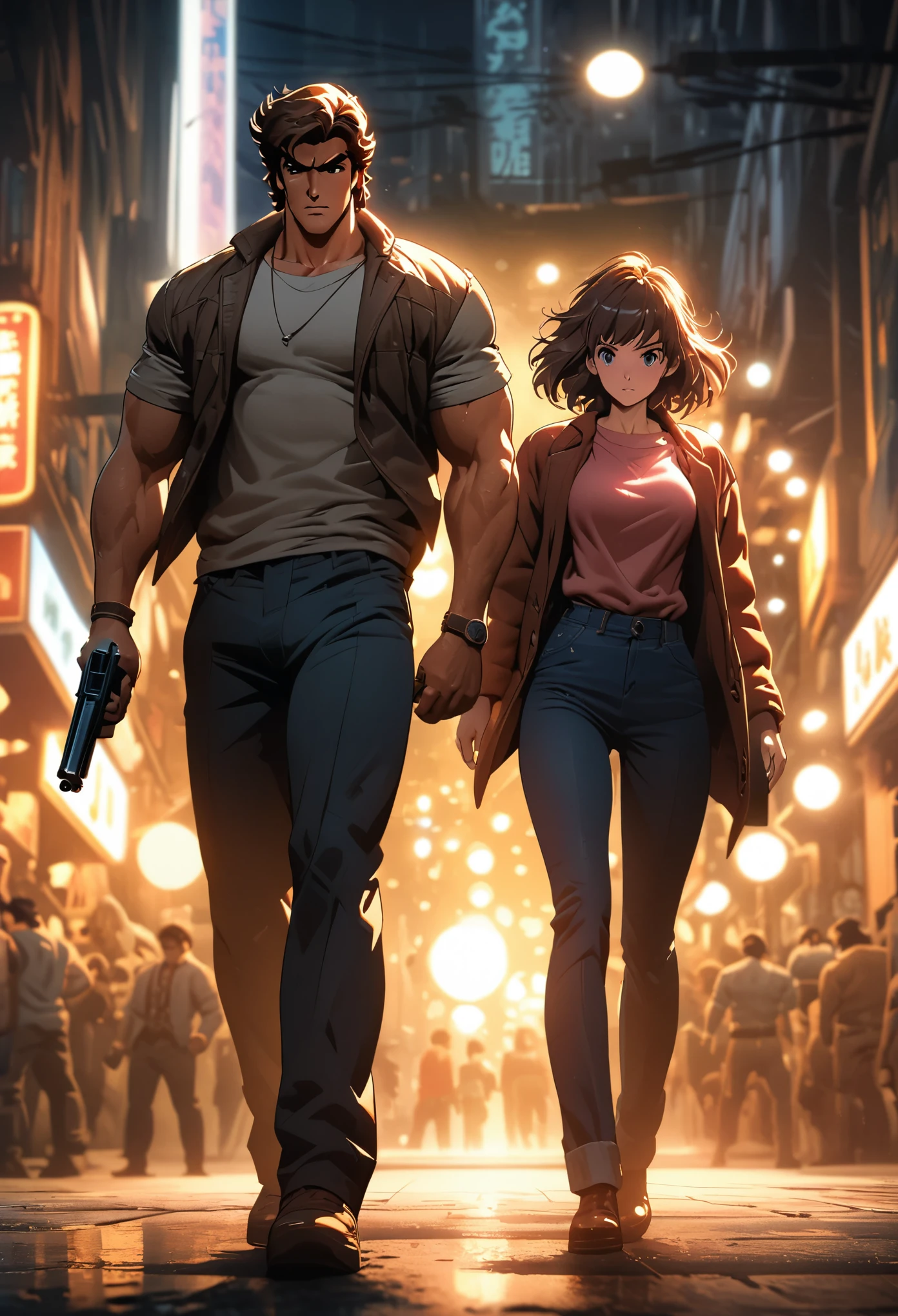 Comic city hunter style,A man and a woman holding pistols back to back,rich and colorful,Japanese manga artist Tsukasa Hojo'style,depth of field,Overclocked renderer,movie lighting,Ultra-fine,super detailed,complicated,cinematic perspective,CG art,