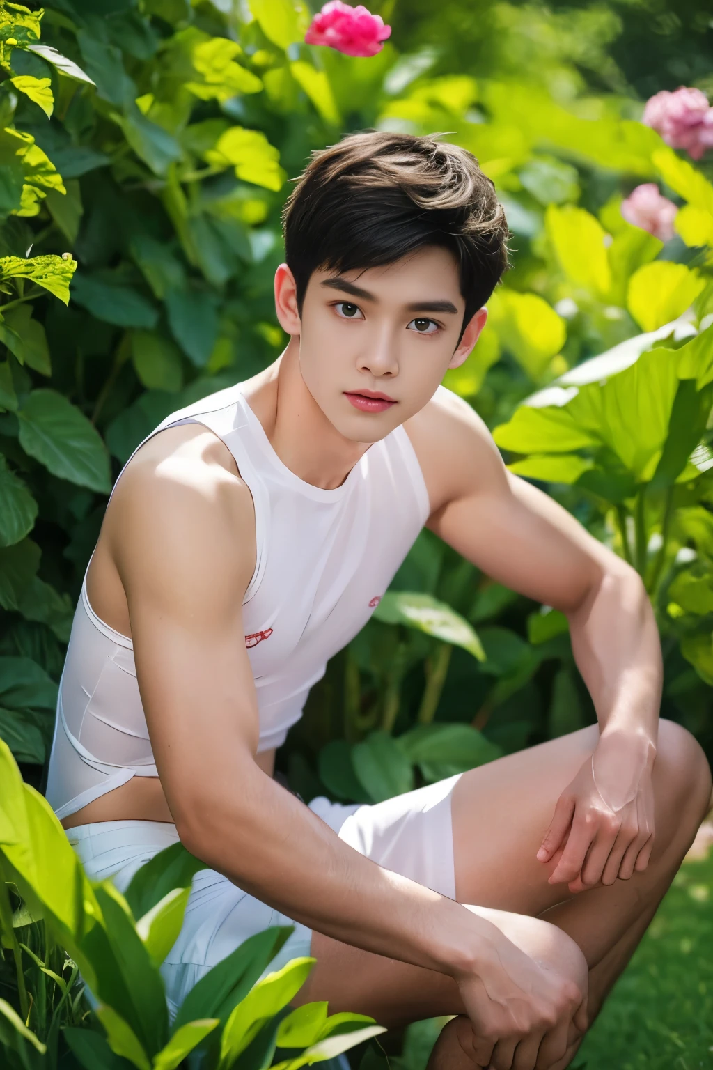 (fourth nattawat face :1.1, thai Bangkok boy, white skin tone, photorealistic:1.37), (best quality, 4k, 8k,highres, masterpiece:1.2), ultra-detailed, realistic:1.37, professional, vivid colors, bokeh, sharp focus, physically-based rendering, young, slim body, slender, skinny body build, -like, twink, wearing small army green colour underwear, full body, natural light, canal background, playful expression, innocent eyes, soft skin, gentle sunlight, subtle shadows, warm color palette