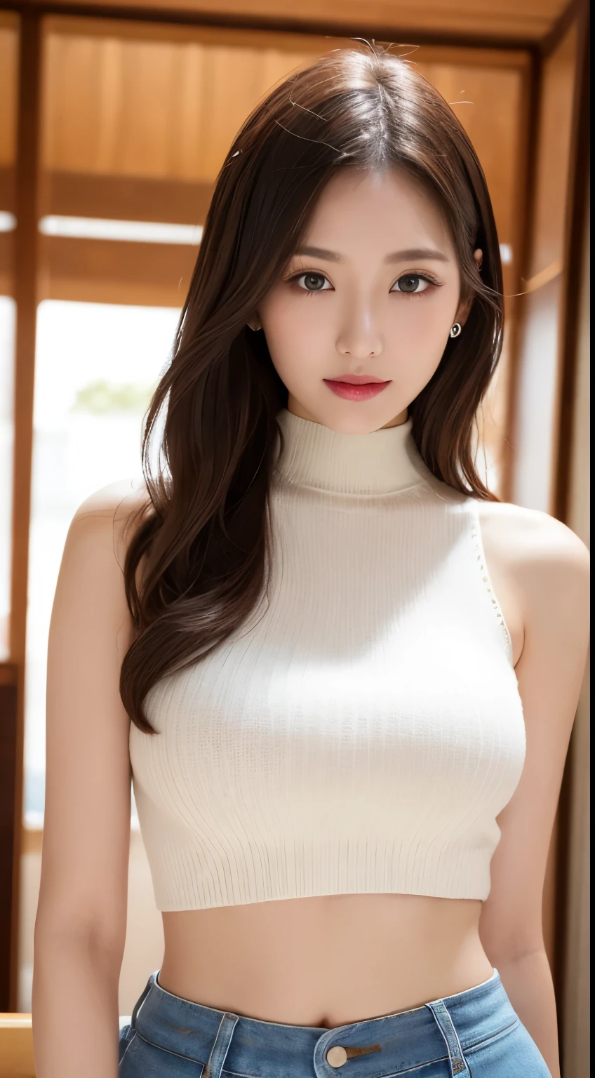 table top, highest quality, Photoreal, finely, High resolution, 8k wallpaper, perfect dynamic composition, detailed and beautiful eyes, medium hair, big and full breasts, random sexy poses,chest to chest、(Open Chest Mock Neck Crop Tank Top White Knitwear Clear Clave)、(Breast bulge 1.2)、laughter、open your mouth、resort scenery、25 years old、(droopy eyes 1.4)、adult beauty、Japanese