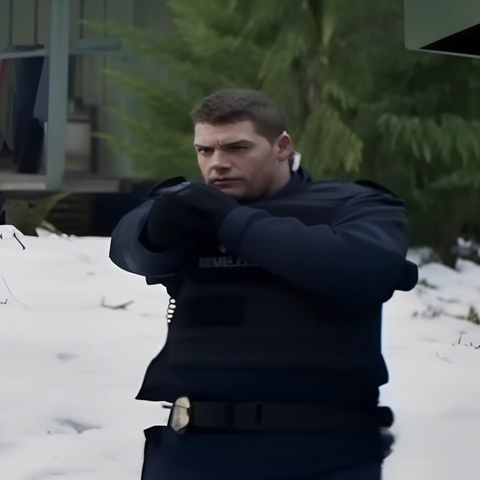 There's a man dressed with a gun, Murder in the Snow, Movie《Frozen 2 Klaus》, in action pose, looks like jerma985, There is only snow in the background, 从Movie中拍摄, dramatic gun pose, 冰雪奇缘的克劳斯 Movie, Scenes from Denis Villeneuve's movies, David Boreanaz as Chris Redfield, forrest in background