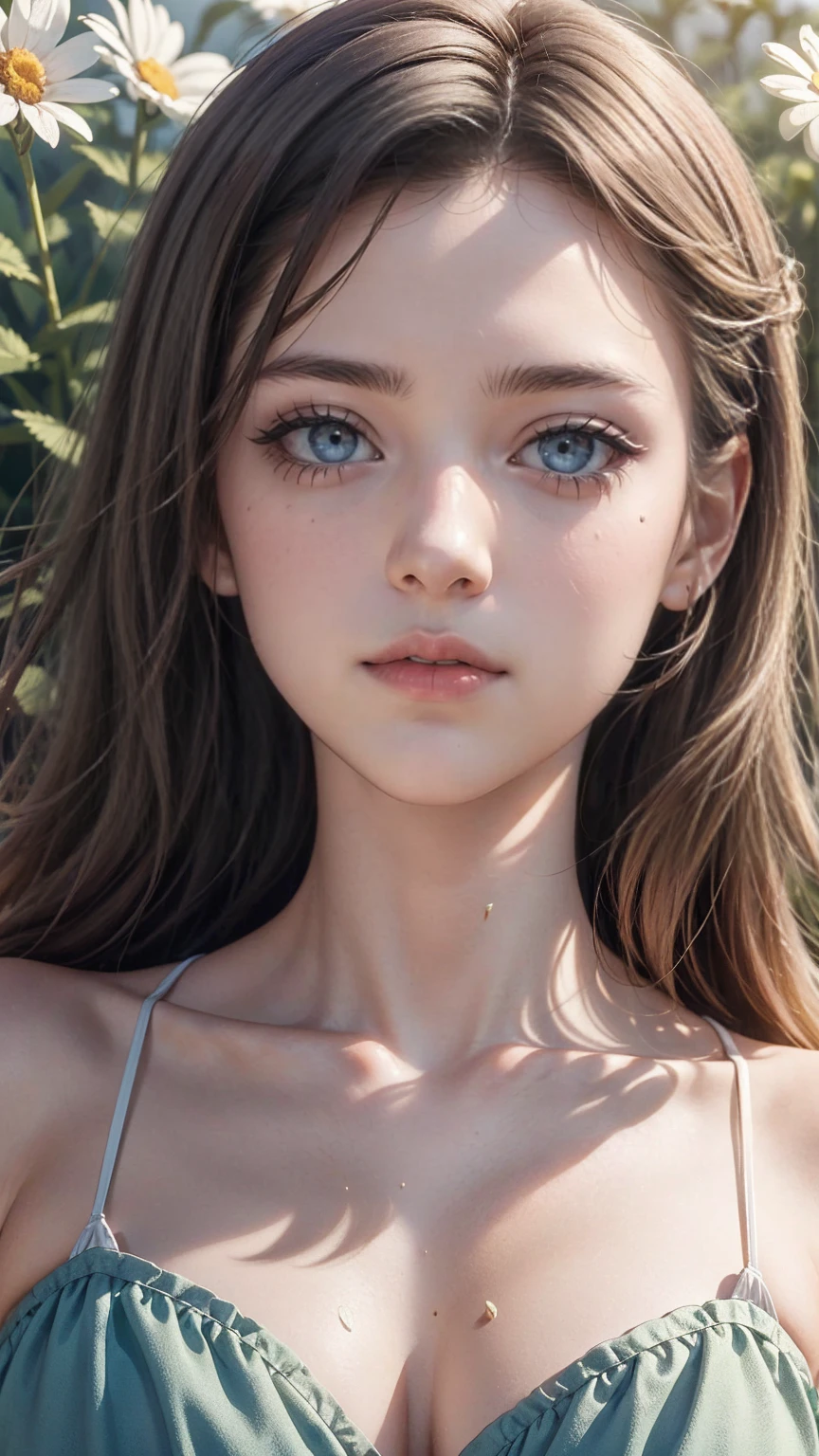 really like, and he hates, Tear off chamomile petals, Daisy's fortune telling, girl , Russia, Lying in a meadow with daisy flowers, Light polka dot bikini,Easter piece where makeup artists do celebrity makeup:1.2), highest quality, masterpiece, High resolution, original, highly detailed wallpaper, perfect lighting,(Highly detailed CGI:1.2),