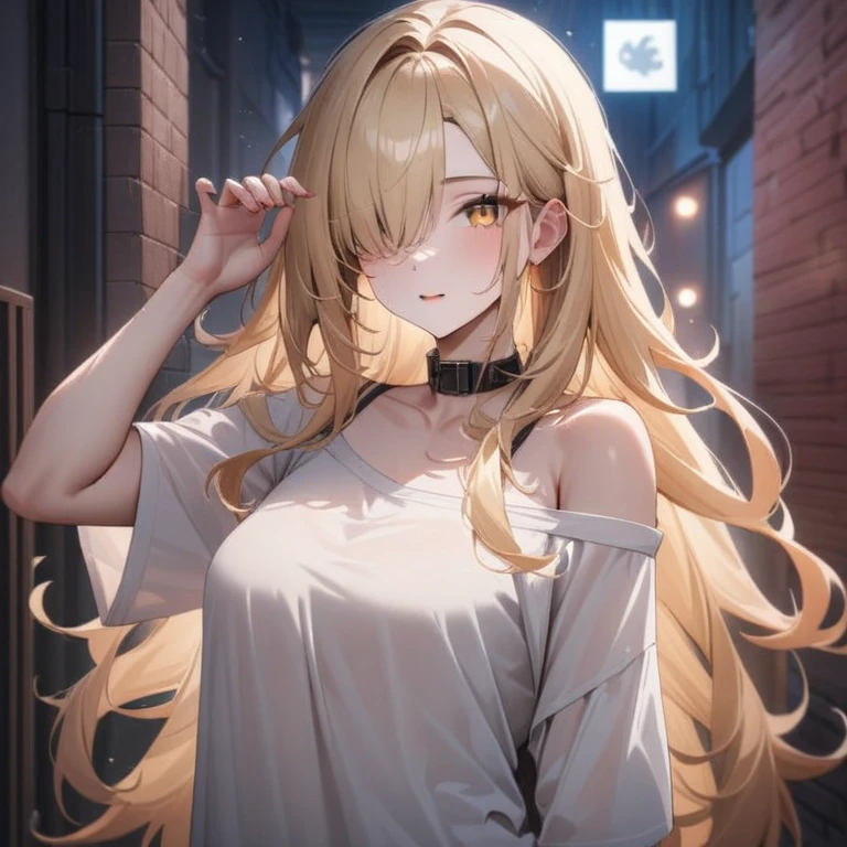 Hyper-realistic 8K CG, masterpiece, ((Super detailed background, Exquisite pattern, intricate details)), best quality, intricate detailss, Color difference, 1 girl, long hair, blond hair, messy hair, red highlights, hair covering one eye, sharp vision, collar, brick wall, doodle, dim lights, alley, oversized shirt,Off the shoulders, see through white shirt, masterpiece, best quality