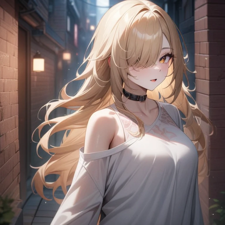 Hyper-realistic 8K CG, masterpiece, ((Super detailed background, Exquisite pattern, intricate details)), best quality, intricate detailss, Color difference, 1 girl, long hair, blond hair, messy hair, red highlights, hair covering one eye, sharp vision, collar, brick wall, doodle, dim lights, alley, oversized shirt,Off the shoulders, see through white shirt, masterpiece, best quality