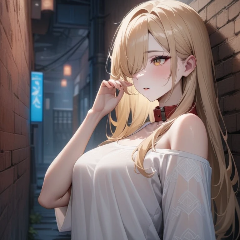 Hyper-realistic 8K CG, masterpiece, ((Super detailed background, Exquisite pattern, intricate details)), best quality, intricate detailss, Color difference, 1 girl, long hair, blond hair, messy hair, red highlights, hair covering one eye, sharp vision, collar, brick wall, doodle, dim lights, alley, oversized shirt,Off the shoulders, see through white shirt, masterpiece, best quality
