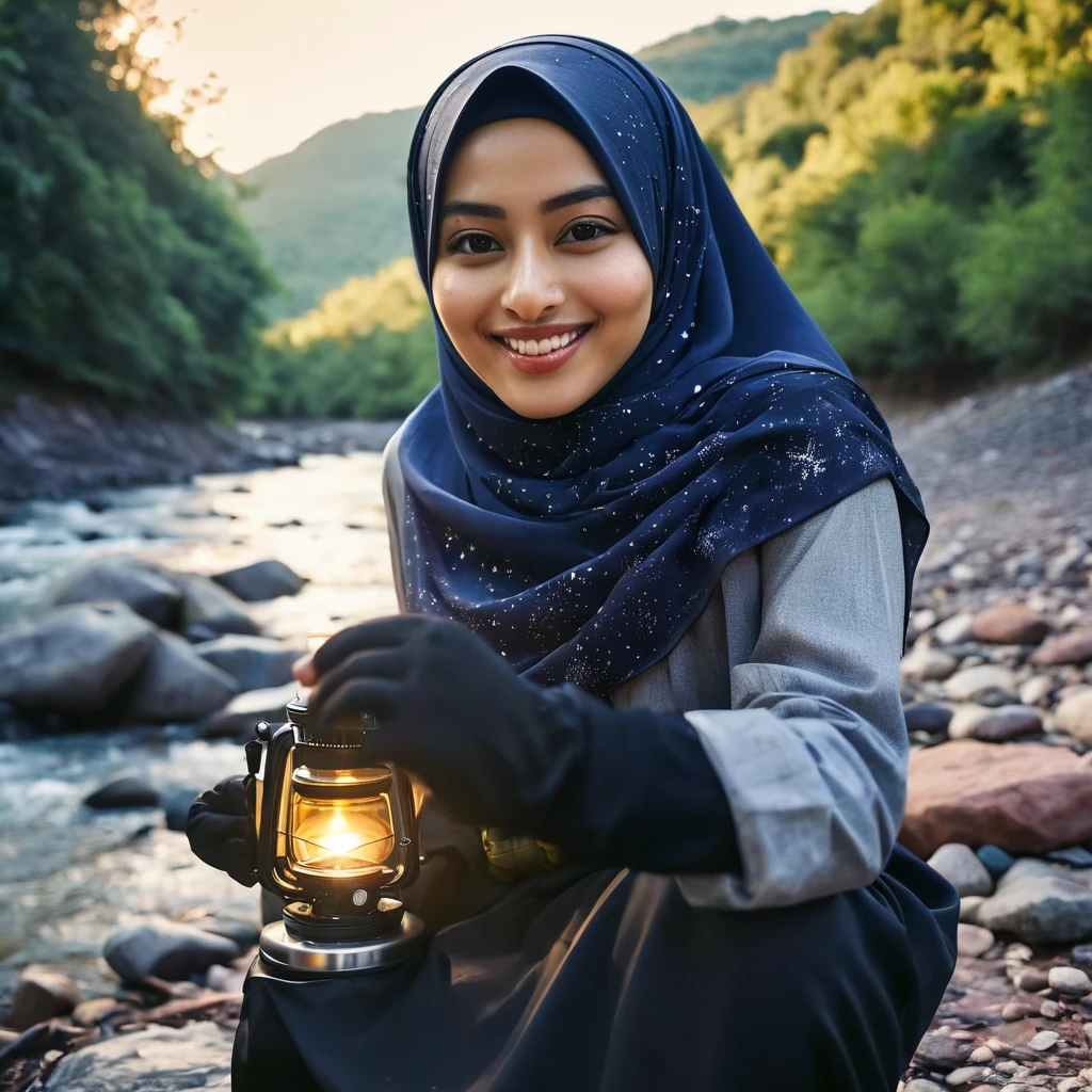1 woman Wearing Hijab , Gamis ((upper body selfie, happy)), masterpiece, best quality, ultra-detailed, solo, outdoors, (night), mountains, nature, (stars, moon) cheerful, happy, backpack, sleeping bag, camping stove, water bottle, mountain boots, gloves, sweater, hat, flashlight, forest, rocks, river, wood, smoke, shadows, contrast, clear sky, analog style (look at viewer:1.2) (skin texture) (film grain:1.3), (warm hue, warm tone)